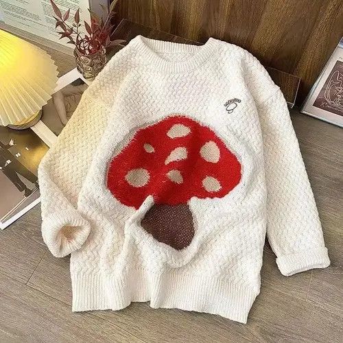 Wahts Harajuku Embroidered Mushroom Loose Knitted Sweaters Size US L / EU 52-54 / 3 - 2 Thumbnail