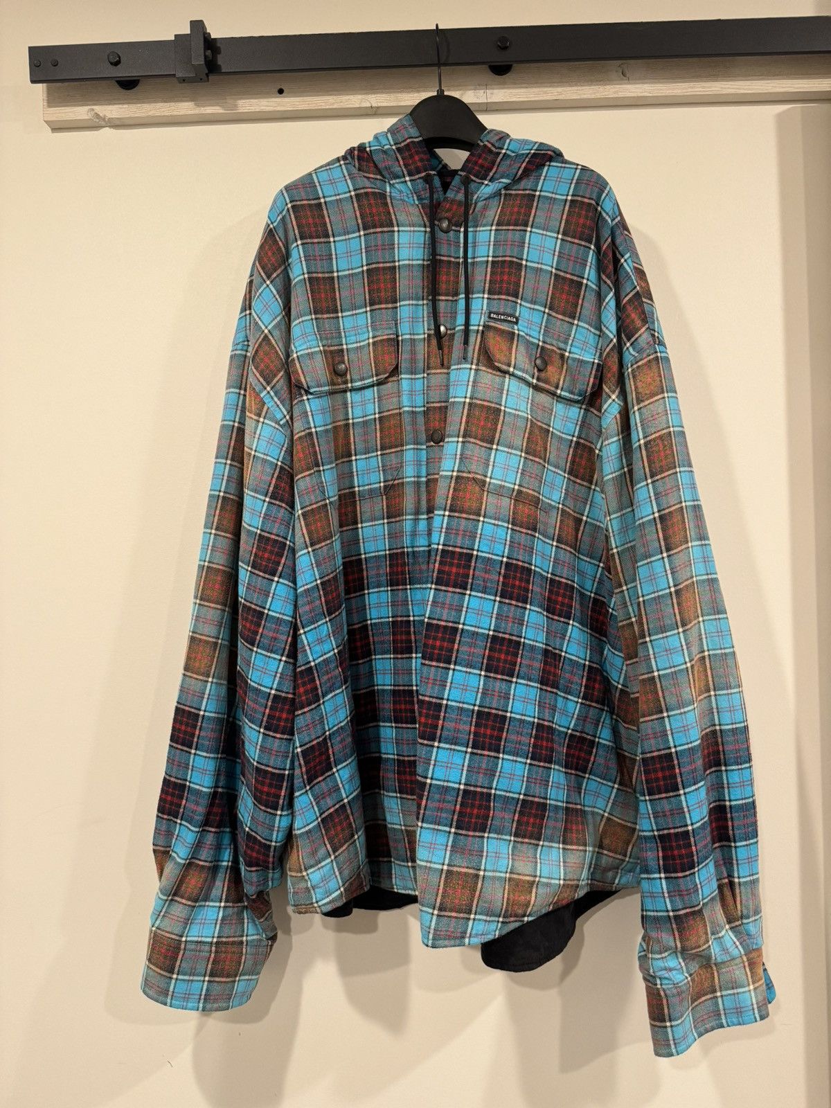 image of Balenciaga Bleached Hooded Flannel Shirt in Blue/Brown, Men's (Size Large)
