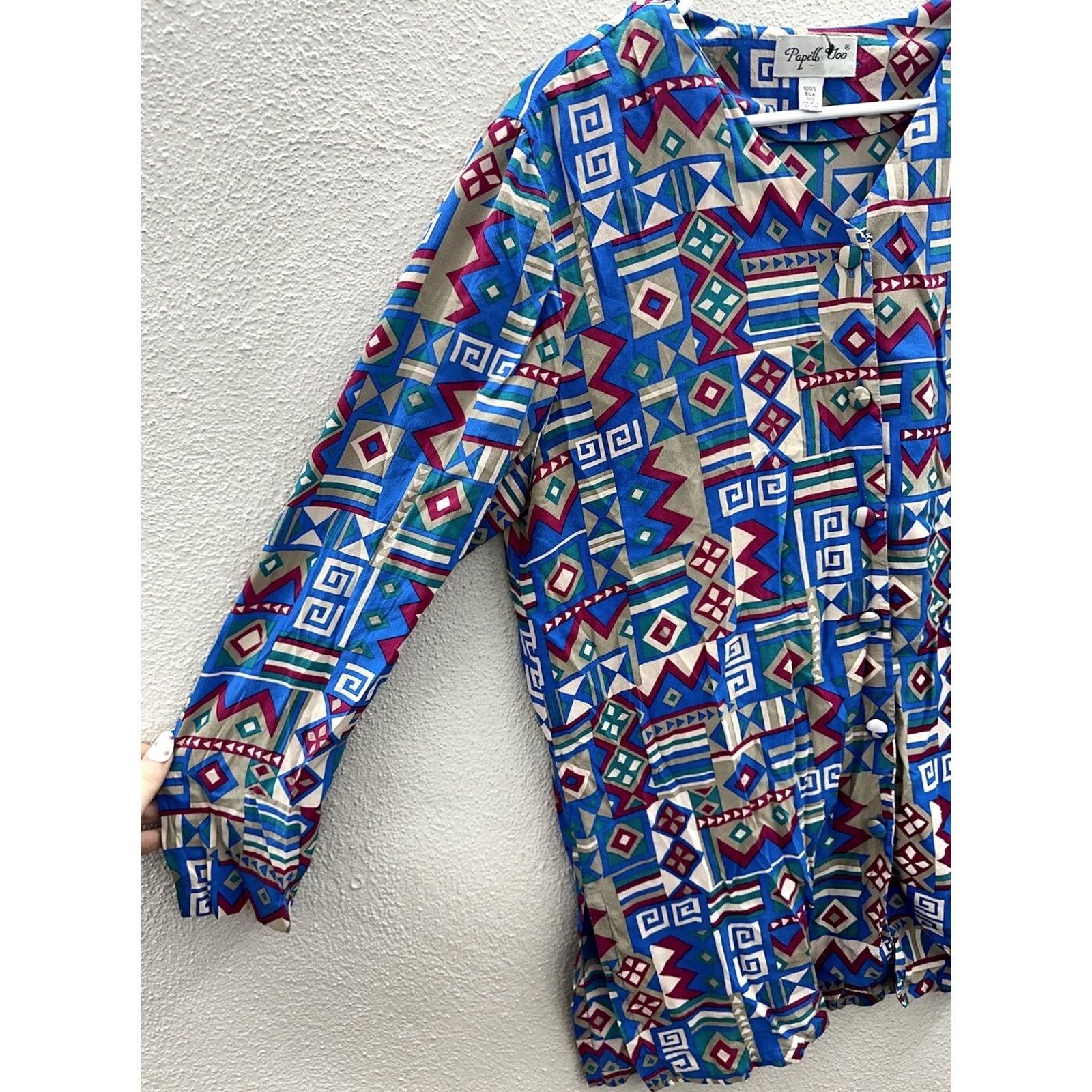 Vintage Pape'll Too Womens Blouse Button-Up Silk Aztec Long Sleeve Size 10 Blue Geometric Regular Styling Bohemian Mens? Womens Size L / US 10 / IT 46 - 2 Thumbnail