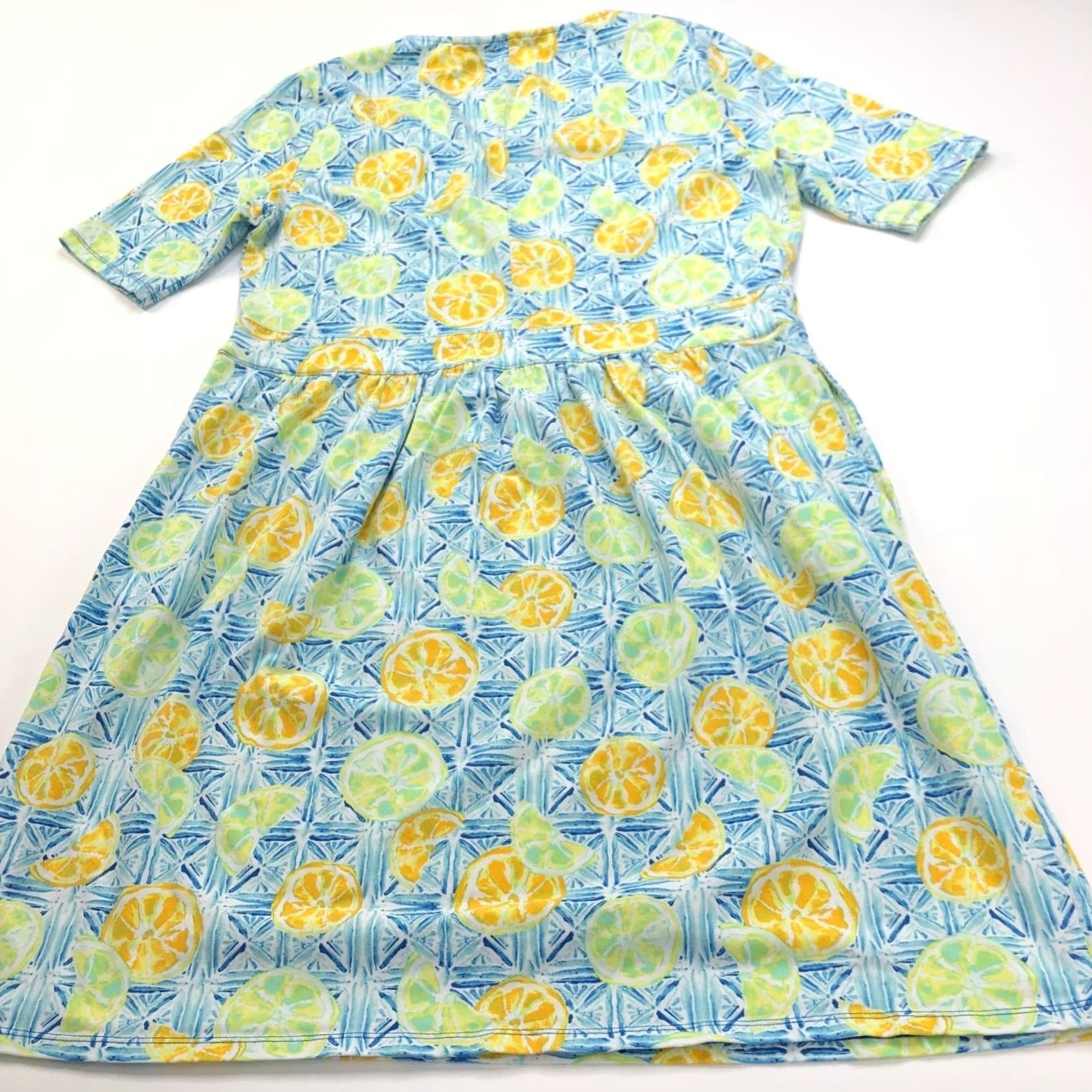 Lands' End Lands' End Large Women's Fit & Flare Dress Lemons Blue Yellow Sleeveless Pullover Scoop Neck Casual Knee Length Multicolor Pattern Size L / US 10 / IT 46 - 7 Thumbnail