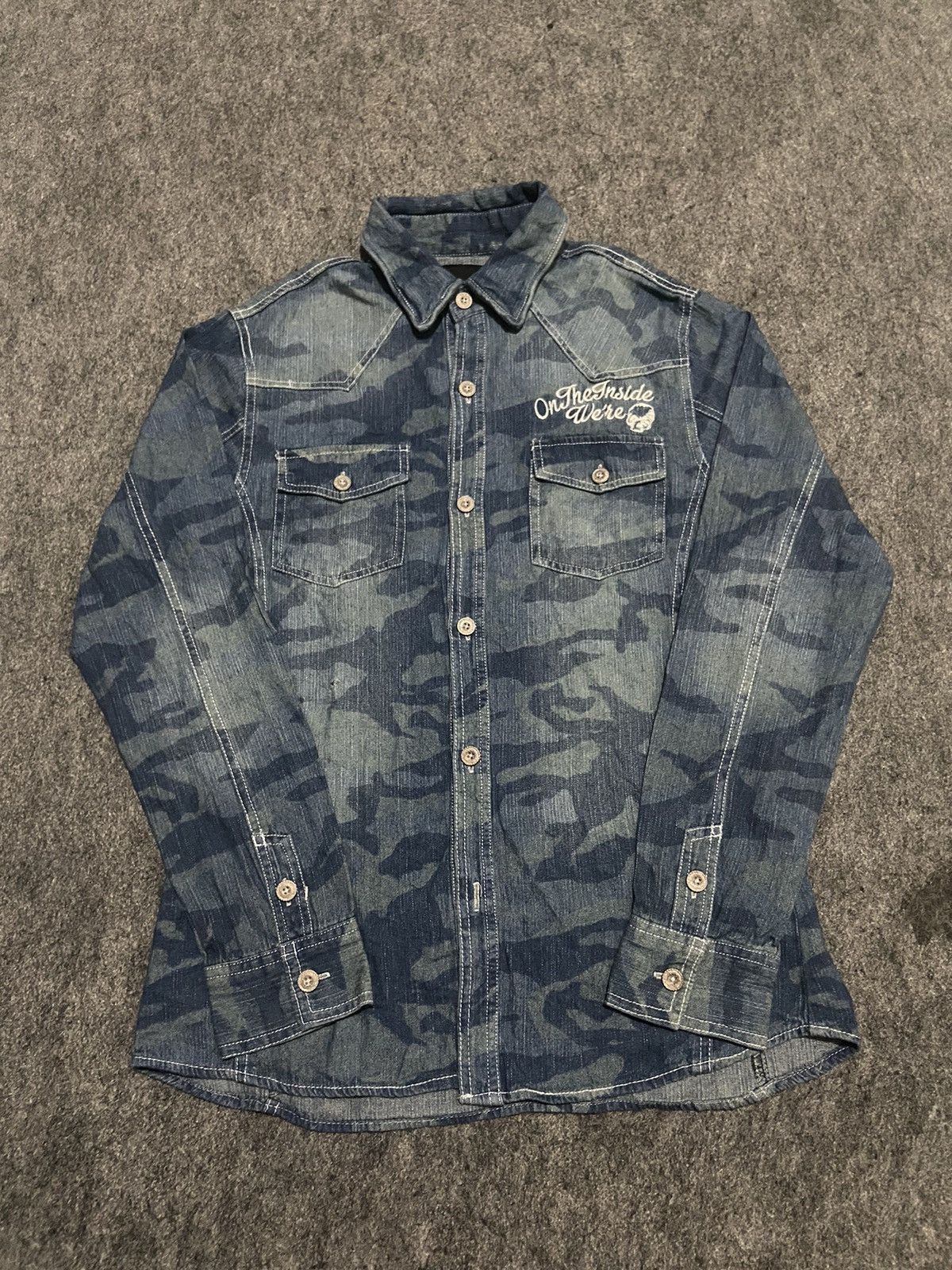 Vintage Y2K IN THE ATIC HOME denim shirt with camo motif