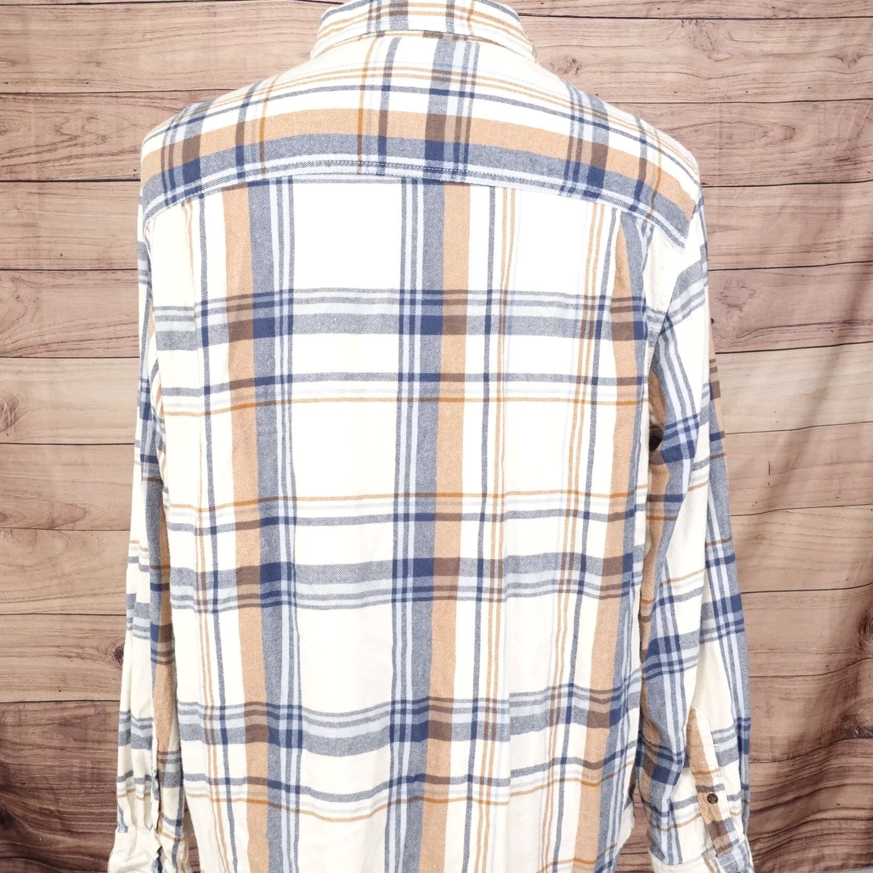 George George Men's XL Flannel Shirt Blue Tan White Plaid Button-Up Long Sleeve Casual Office Warm Corduroy Size US XL / EU 56 / 4 - 4 Thumbnail