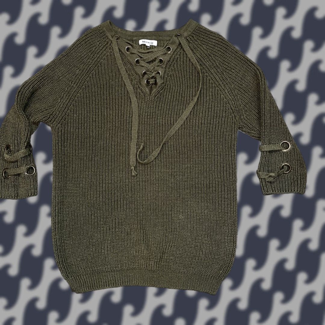 Vintage MIRACLE Women's Sweater 3/4 Sleeve Crewneck Lace Up Chest Dark Olive Army Green M/L Women Size M / US 6-8 / IT 42-44 - 1 Thumbnail