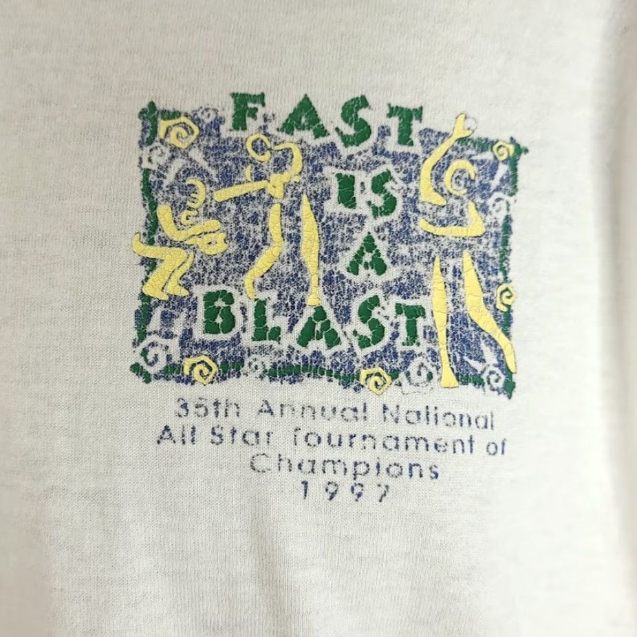 Fruit Of The Loom VINTAGE Bobby Sox Softball T Shirt Mens Size Large 90s Fast Made In USA Fruit of the Loom White Cotton Blend 90s baseball Mens T-Shirt US-made Size US L / EU 52-54 / 3 - 4 Thumbnail