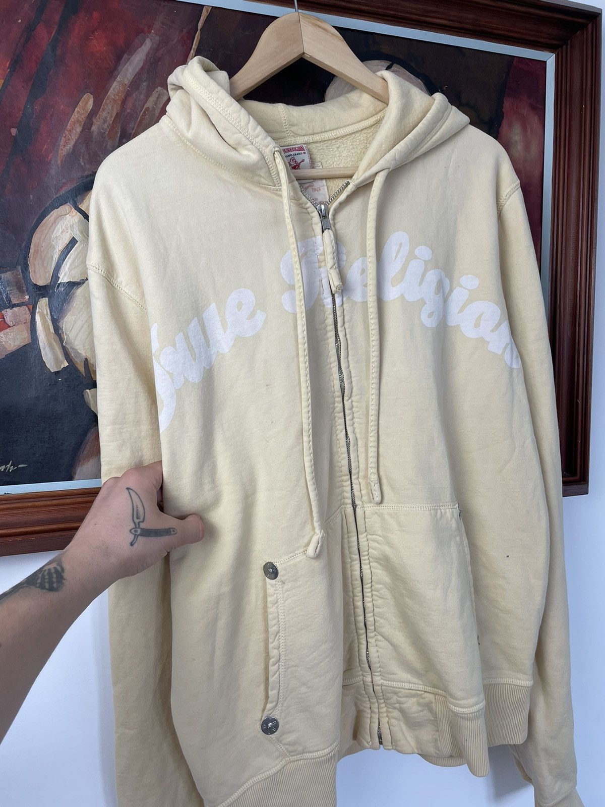 True Religion Y2k Rare Beige Zip Hoodie Drip Spellout Hype