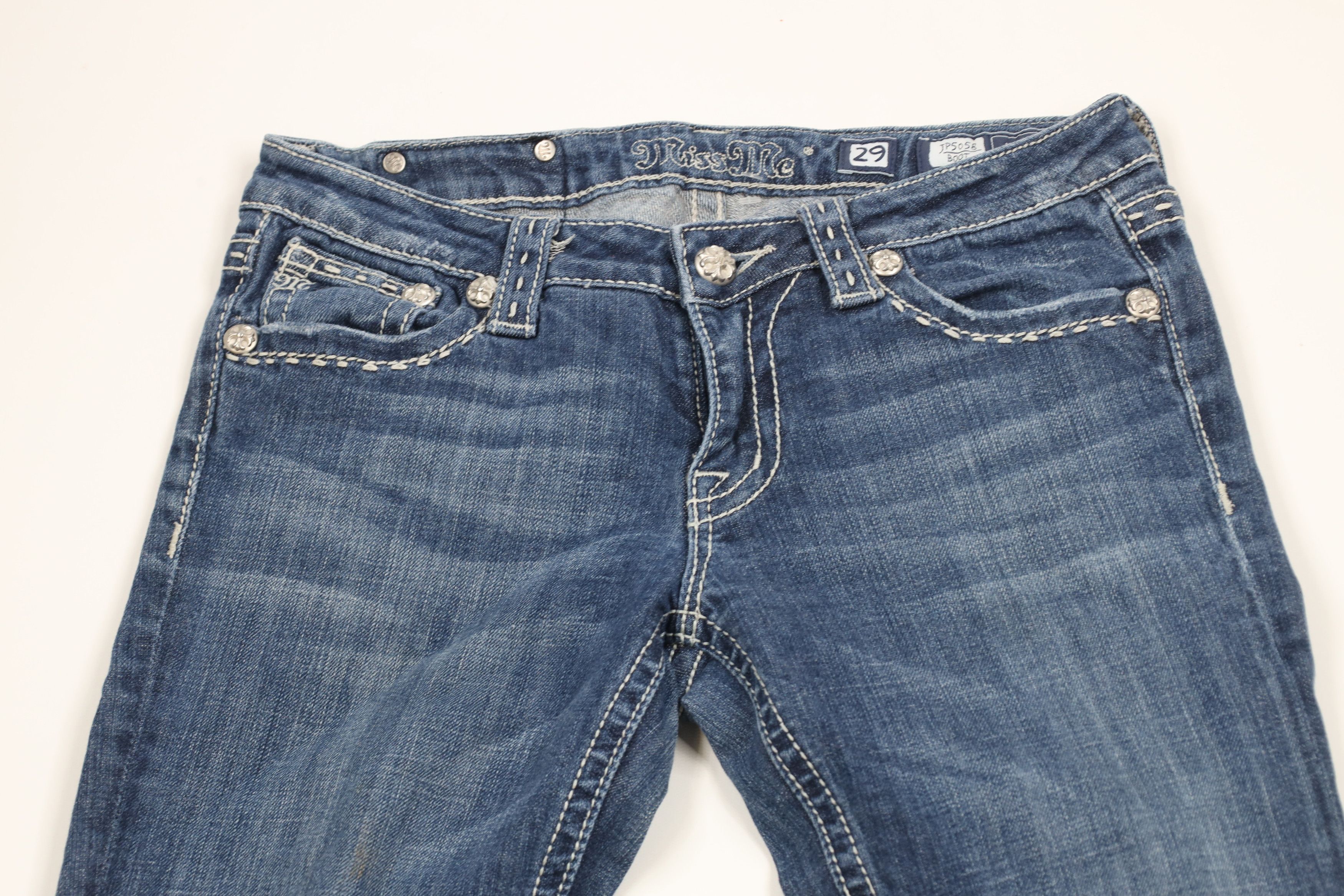 Miss Me × Vintage Miss Me Stitch Fleur de Lis Flared Bootcut Denim Jeans Blue Size 29" - 2 Thumbnail