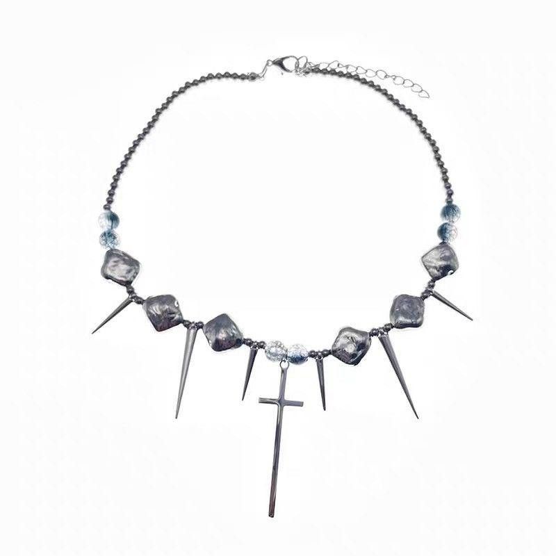Jewelry Silver Color Thorns Punk With Cross Necklace Choker Size ONE SIZE - 5 Thumbnail
