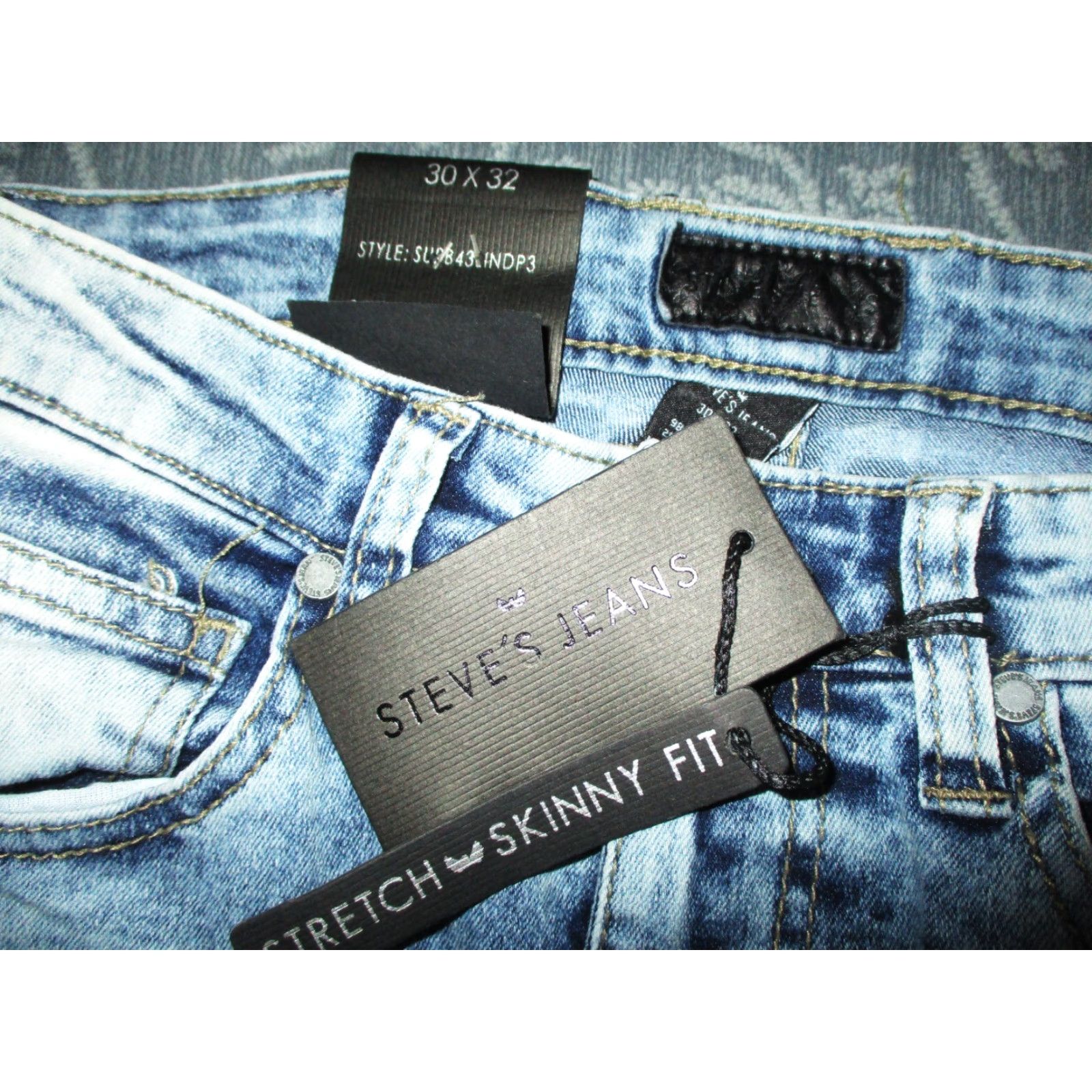 Denime Steve's Jeans Indyo Blue "Skinny Fit" Distressed Denim Jeans 30X32 NWT Mens Jeans Slim 5-Pocket Blue Distressed 30W 32L Size US 30 / EU 46 - 5 Thumbnail