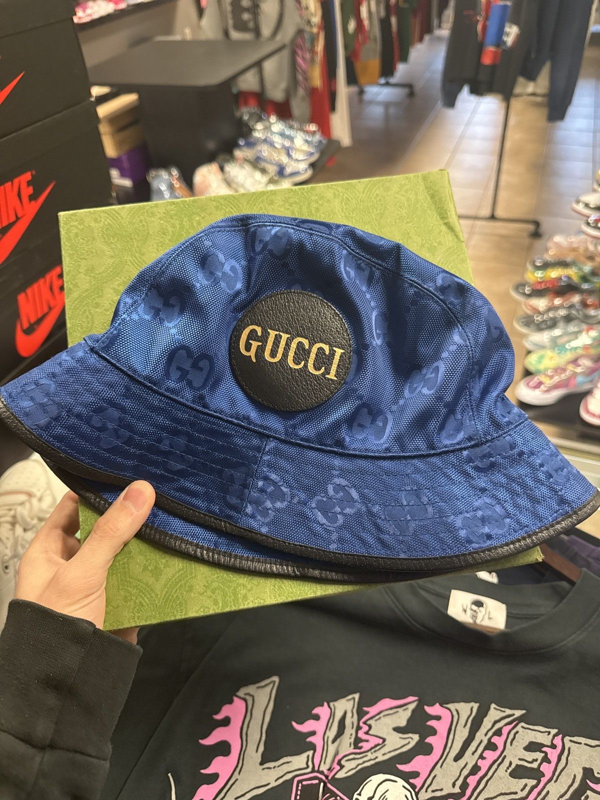 Gucci Bucket Hat Black Blue W/ Box Large