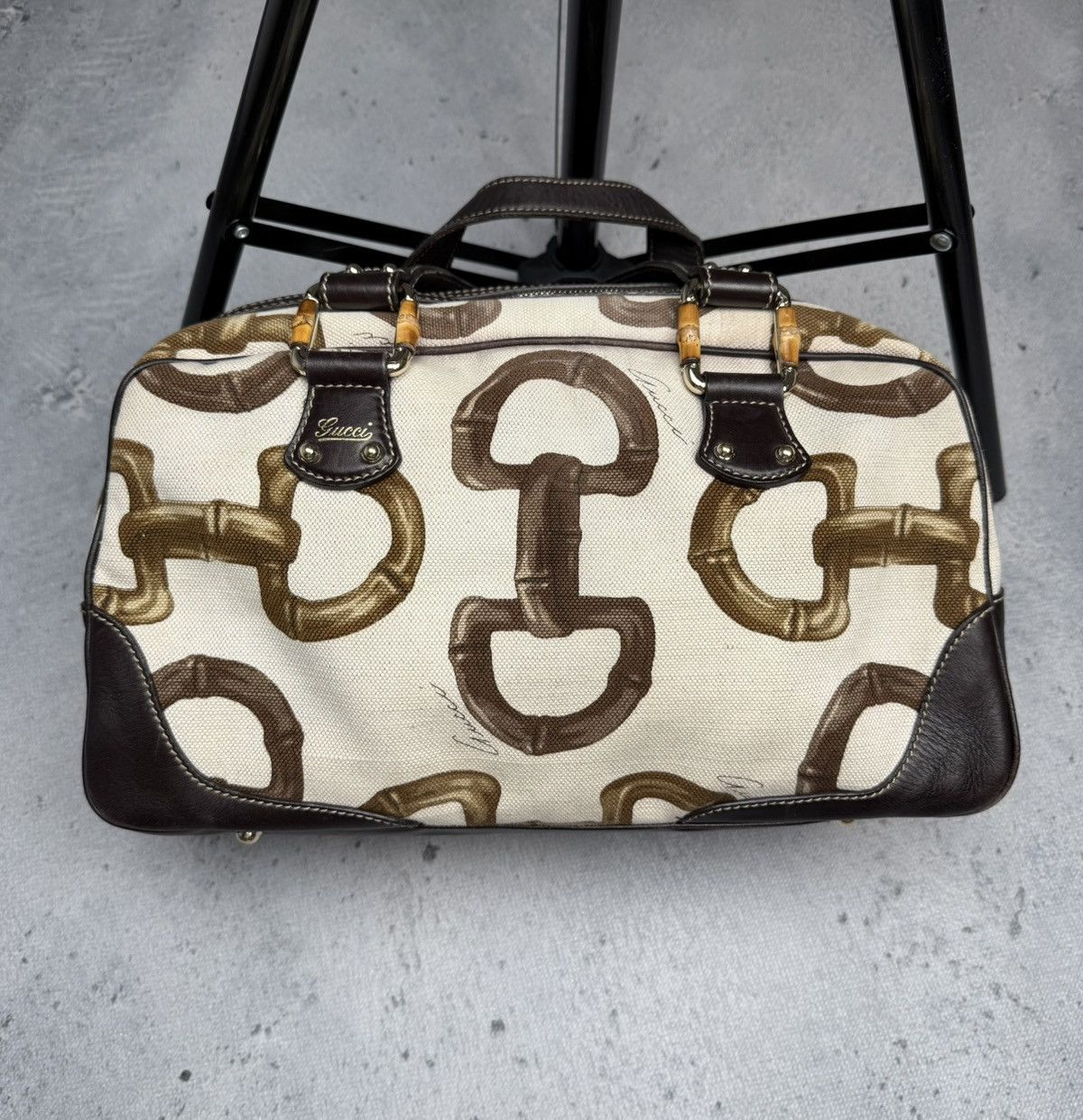 Gucci Vintage Gucci Bamboo Canvas Boston Bag Brown Leather Trim Size ONE SIZE - 2 Thumbnail
