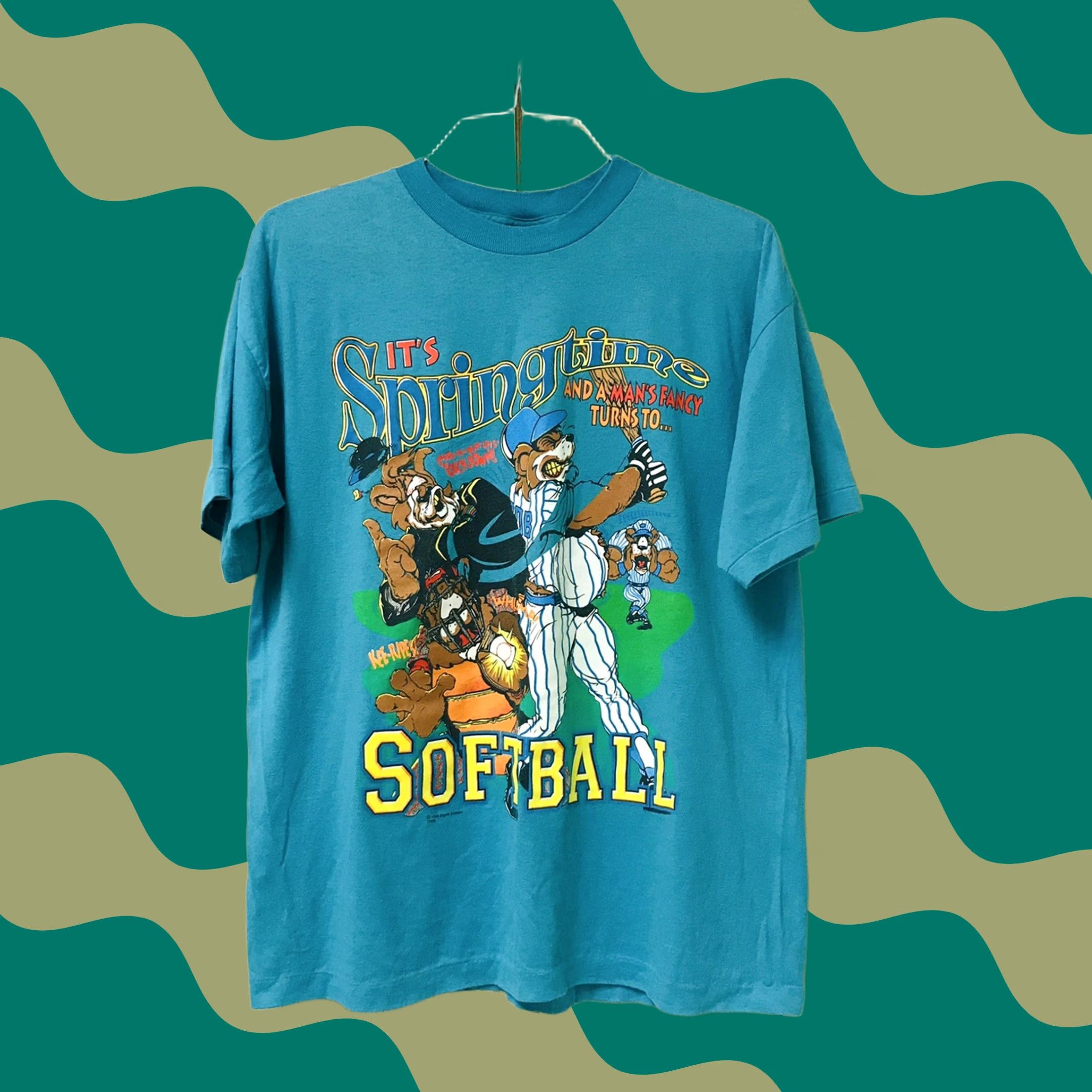 Vintage VINTAGE SSI Men T-Shirt Cartoon Bears Softball Springtime Graphic XL Blue Size US XL / EU 56 / 4 - 1 Thumbnail