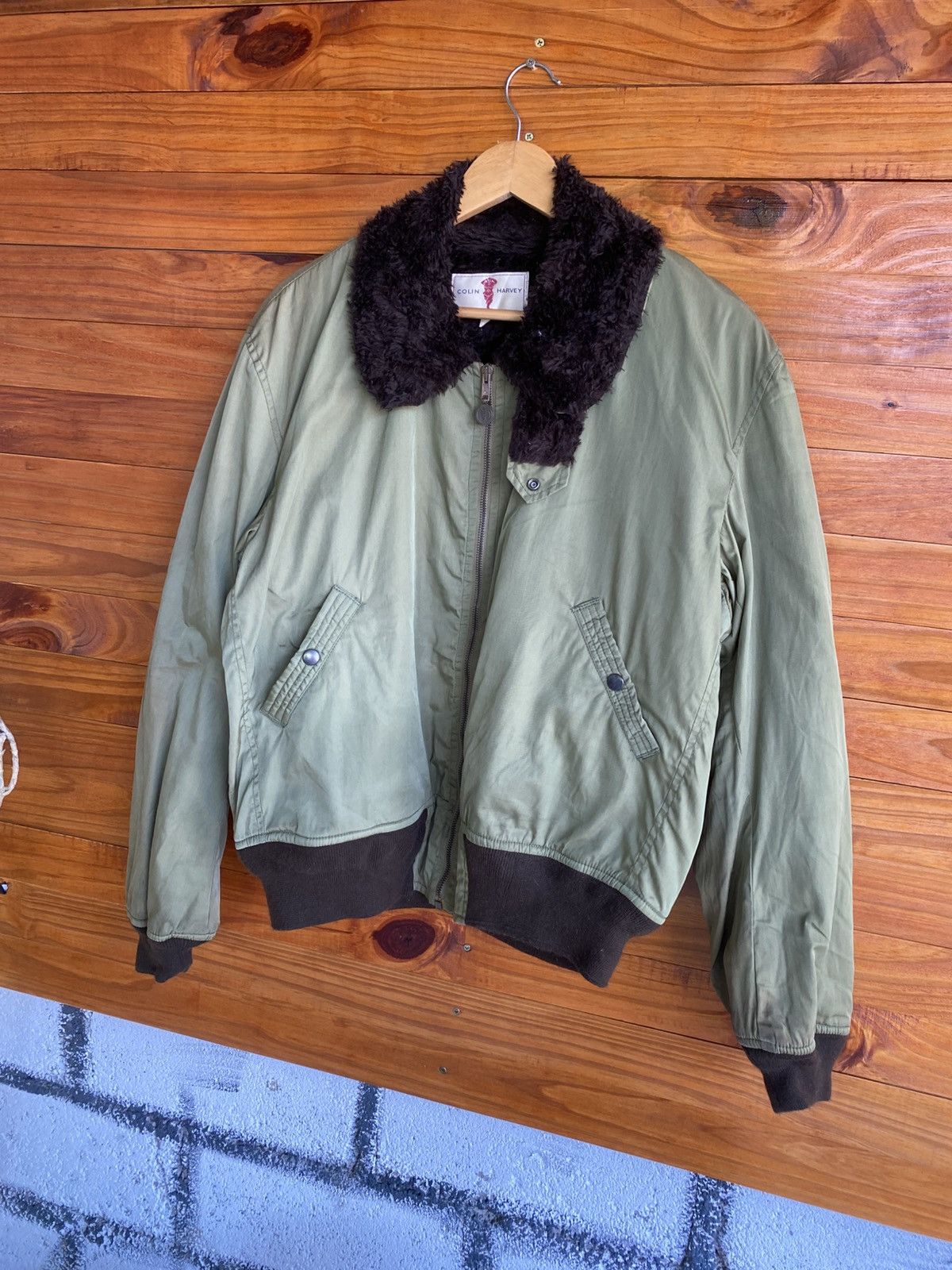 Vintage Colin Harvey Olive Green Bomber Jacket Faux Fur Collar Size US L / EU 52-54 / 3 - 4 Thumbnail