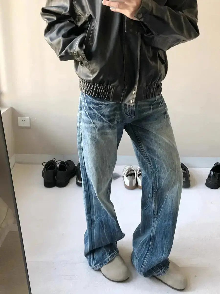 Japanese Brand Retro loose straight leg lightning cracked jeans Size US 32 / EU 48 - 2 Thumbnail