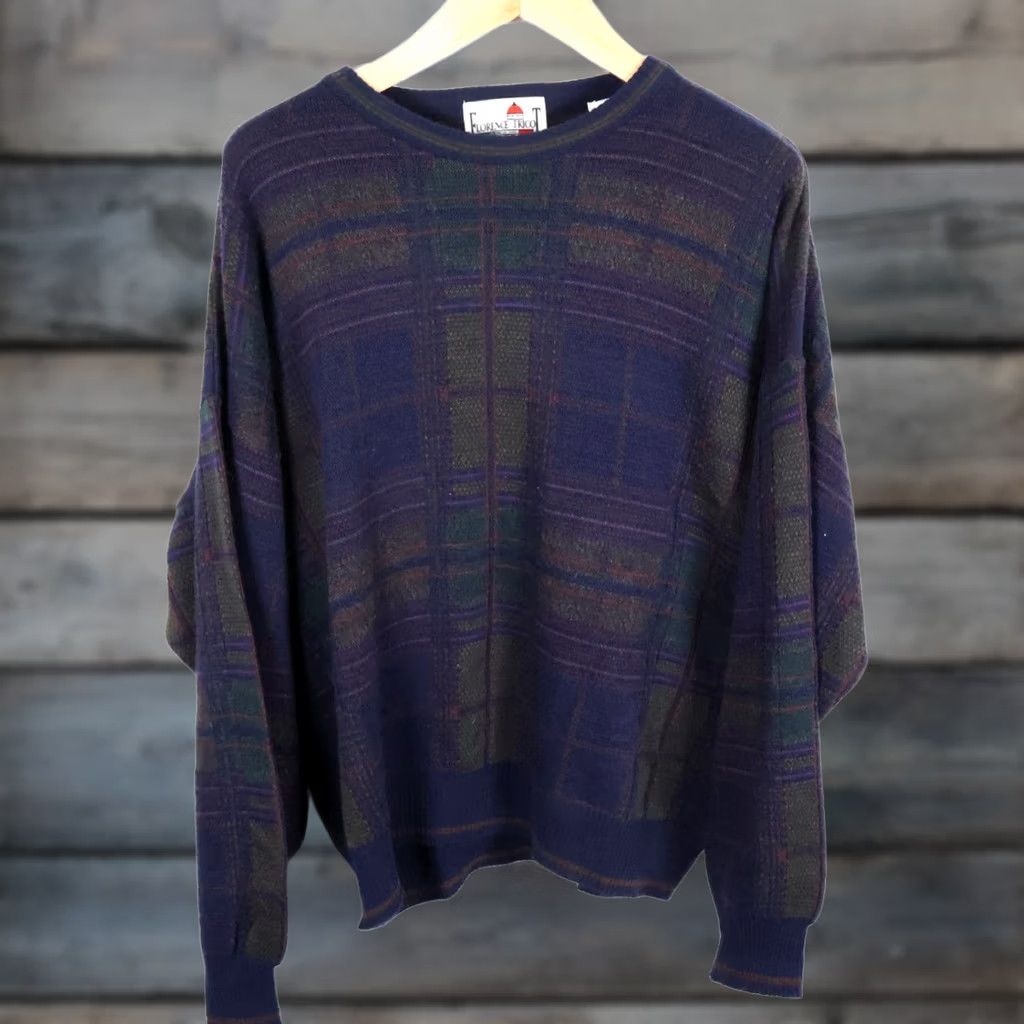 Vintage VINTAGE Florence Tricot Sweater Men XL Dark Blue Green Shadow Plaid Wool Blend Knit Pullover Crew Neck 90s Retro Hipster Casual Wool Blend Size US XL / EU 56 / 4 - 1 Thumbnail