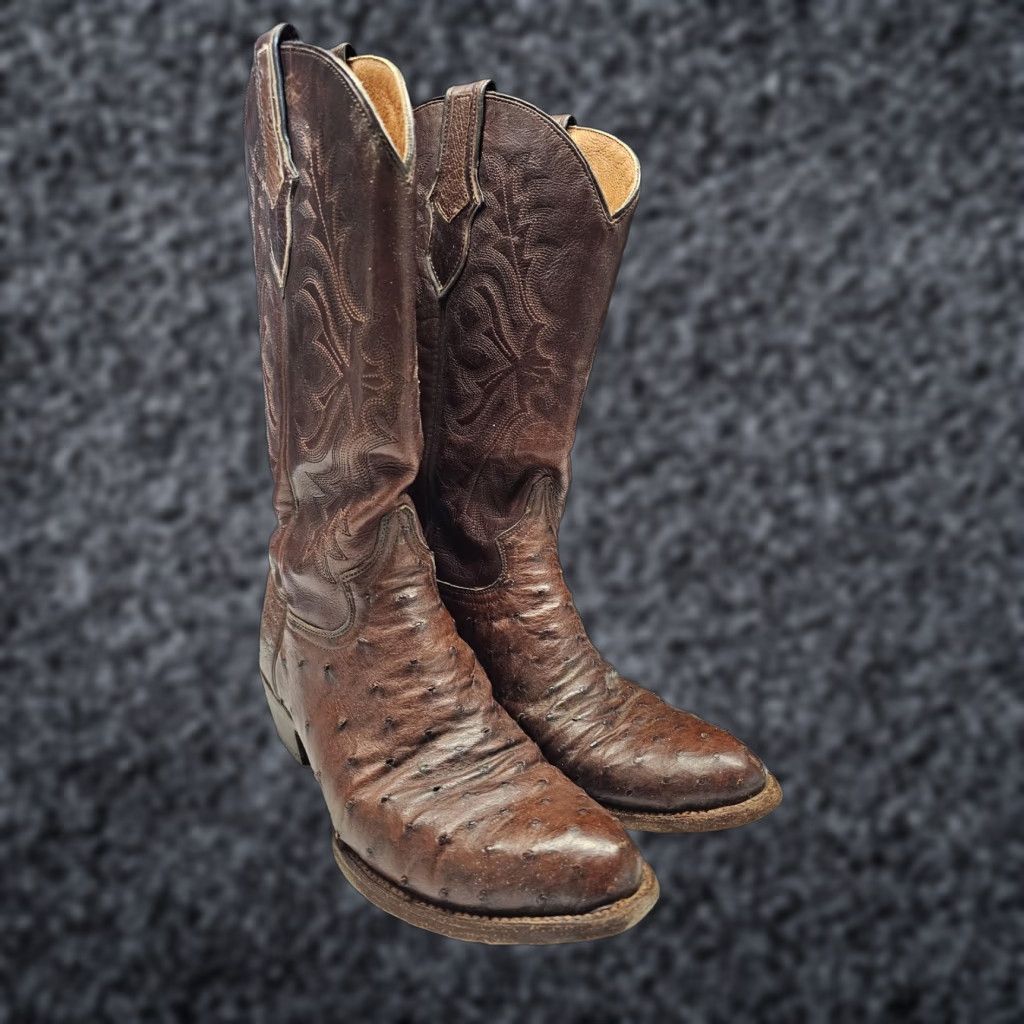 Stetson VINTAGE John B Stetson Cowboy Western Boots Men’s Sz 9D Brown Leather Ostrich Handmade Mid-Calf Shaft Pointed Toe Pull On D Width Boots Size US 9 / EU 42 - 1 Thumbnail