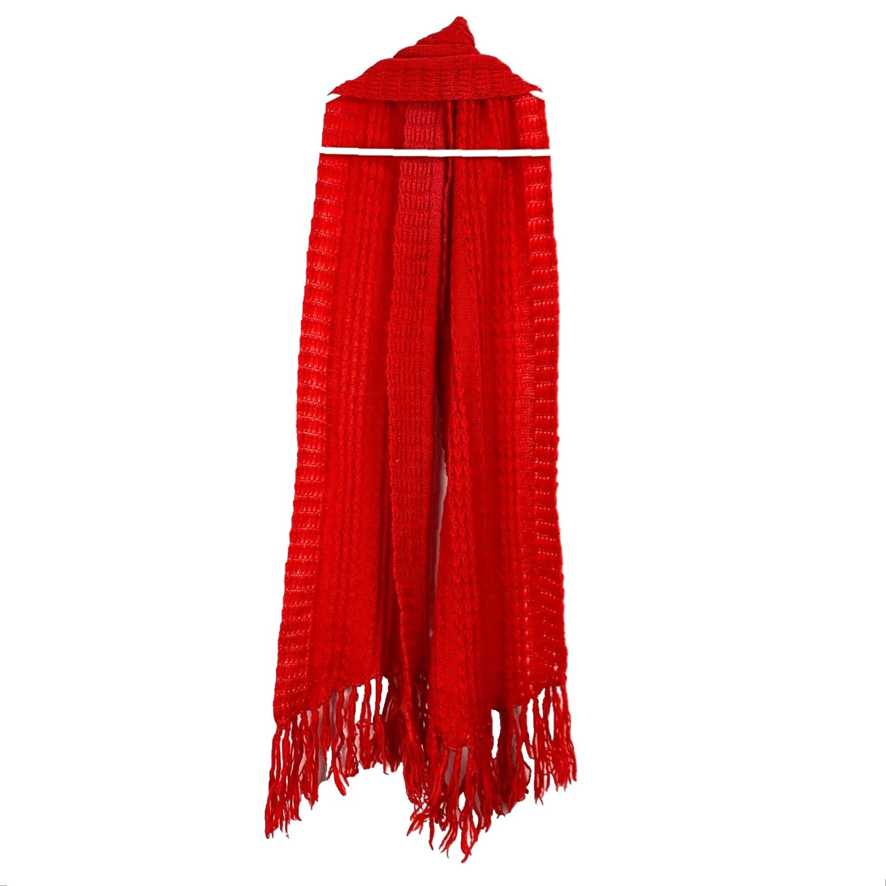 Vintage VINTAGE Handmade Bright Red Open Weave Fringe Woven Knit Scarf 68" Women's Scarf 1970s Acrylic Fringe Knit 13.5" x 68" Red Charity? Size ONE SIZE - 3 Thumbnail