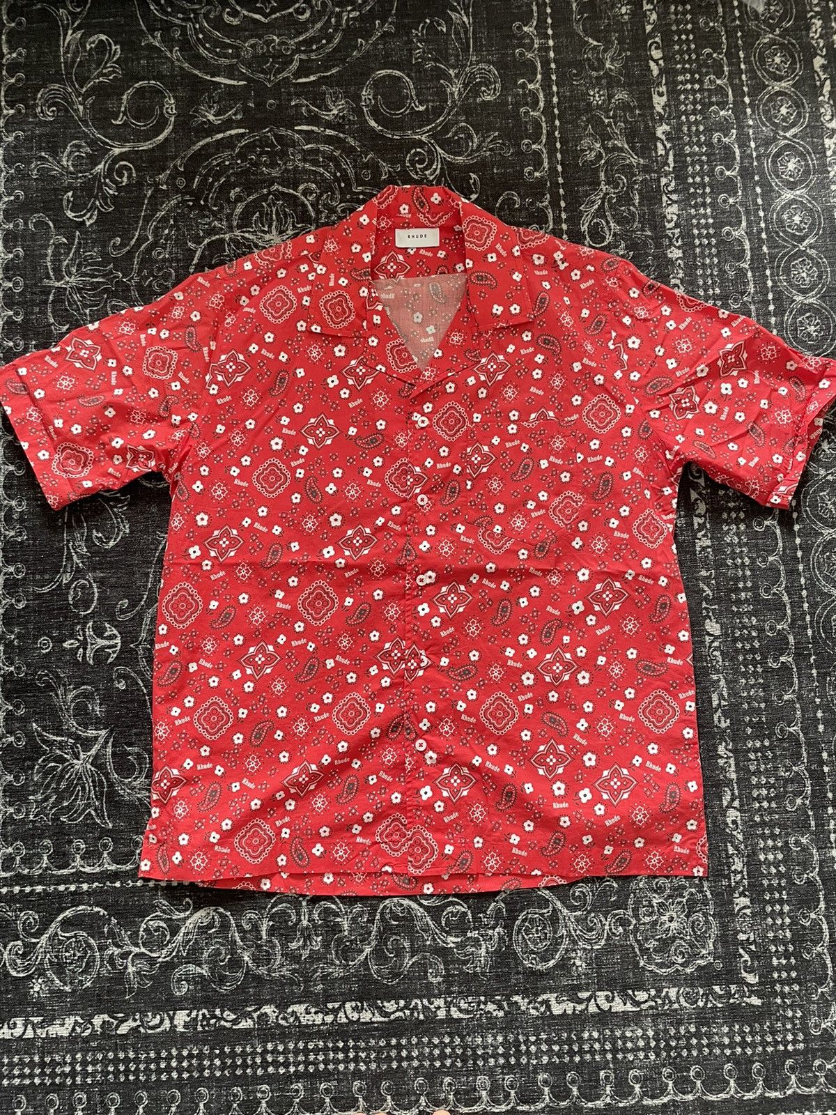 image of Rhude Bandana Print Short Sleeve Button-Up Camp Shirt in Red, Men's (Size Small)