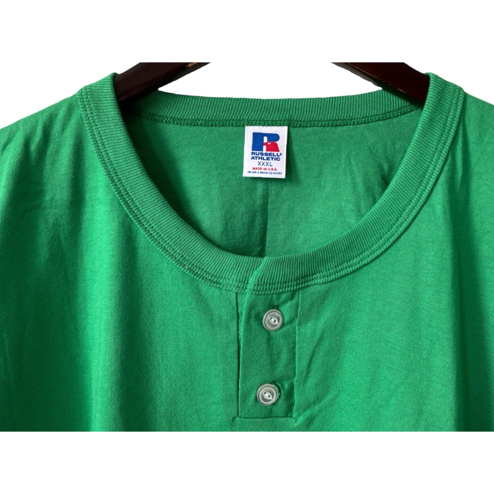 Russell Athletic VINTAGE Russell Athletic Henley T-Shirt Men's 3XL Green NWOT Deadstock USA 90s Baseball Tee Short Sleeve Two-Button Placket Eagle Patch Mens Shirt Size US XXL / EU 58 / 5 - 2 Thumbnail