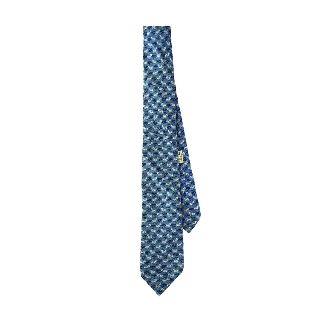 Hermes Tie Silk Zebra Pattern on Blue Vintage Size ONE SIZE - 3 Thumbnail