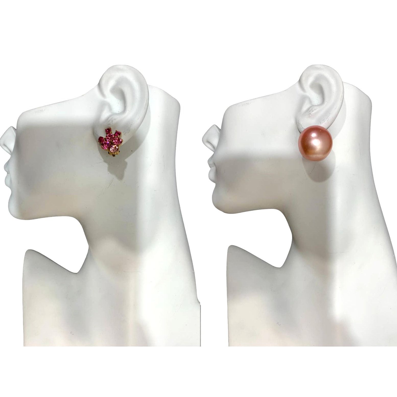 Vintage 2 Pair Pink 50s Earrings Austria Rhinestone Japan Dome Size ONE SIZE - 4 Thumbnail