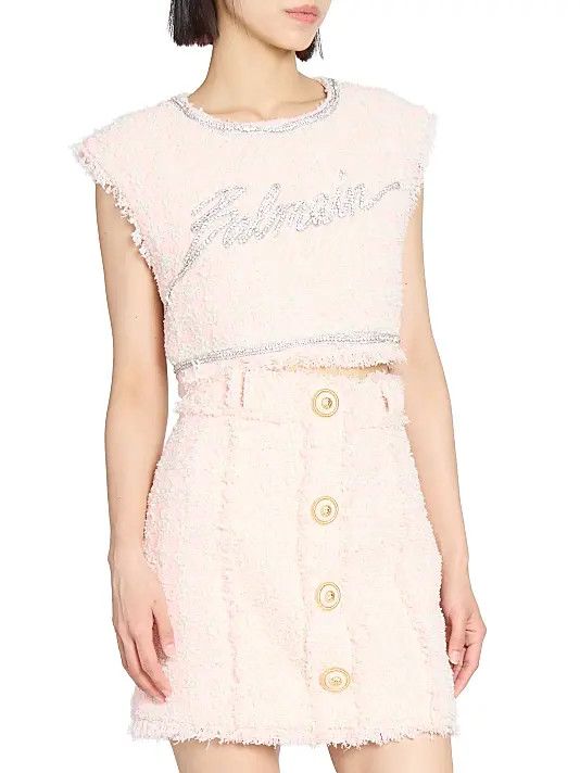 Balmain o1s1wg111225 Embellished Logo Tweed Crop Top in Beige Size XL / US 12-14 / IT 48-50 - 3 Thumbnail