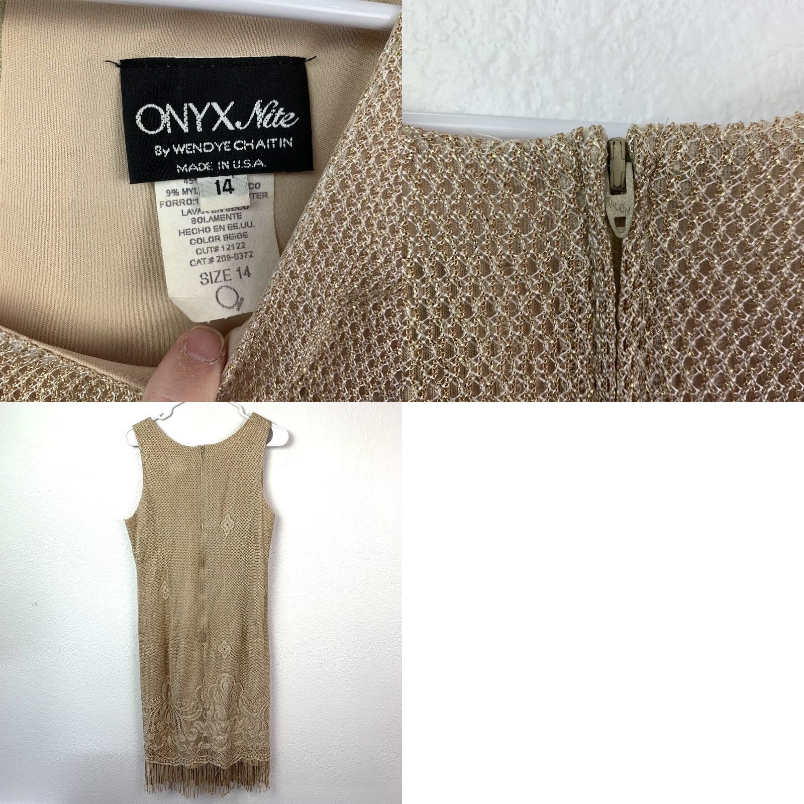 Vintage VINTAGE Onyx Nite by Wendy Chaitin Dress Cardigan Set Women 14 Beige Gold Fringe Lace Knit Open Lightweight Formal Party/Cocktail Wedding Guest Size XL / US 12-14 / IT 48-50 - 8 Thumbnail