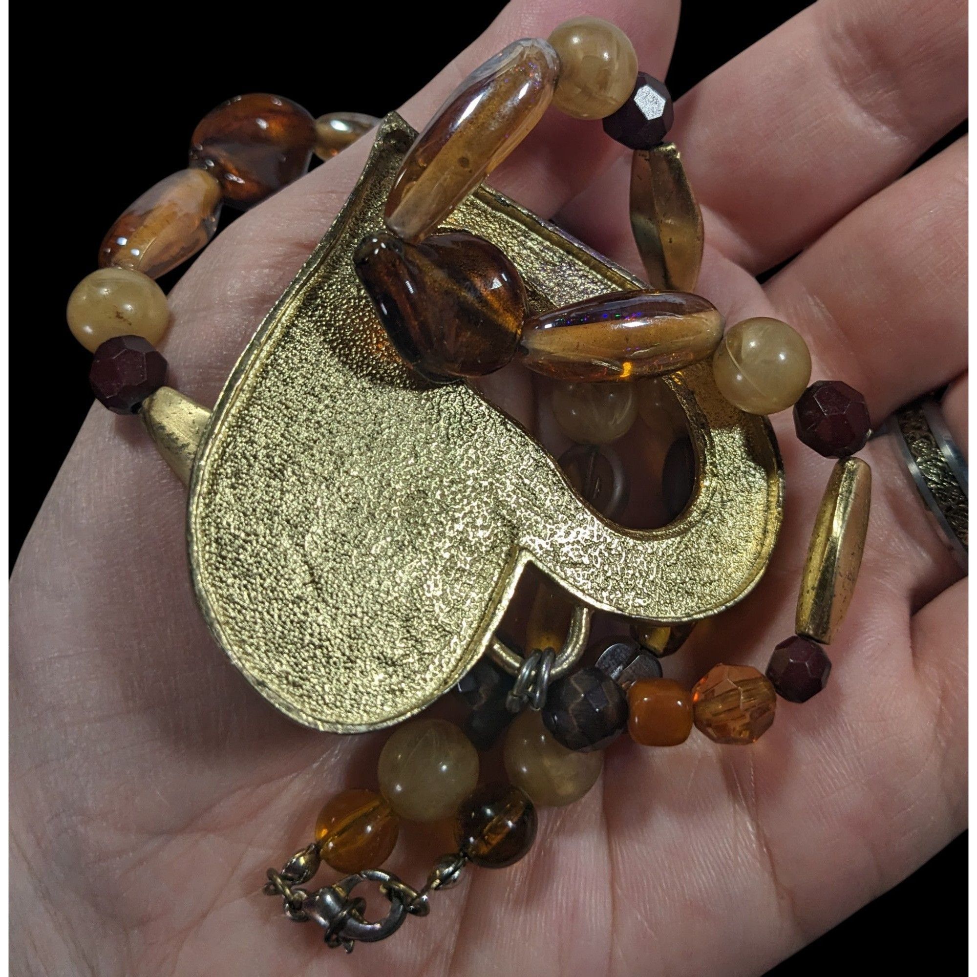 Other Chunky Unique Heart Pendant Necklace Brown And Gold Tone Wit Size ONE SIZE - 4 Thumbnail