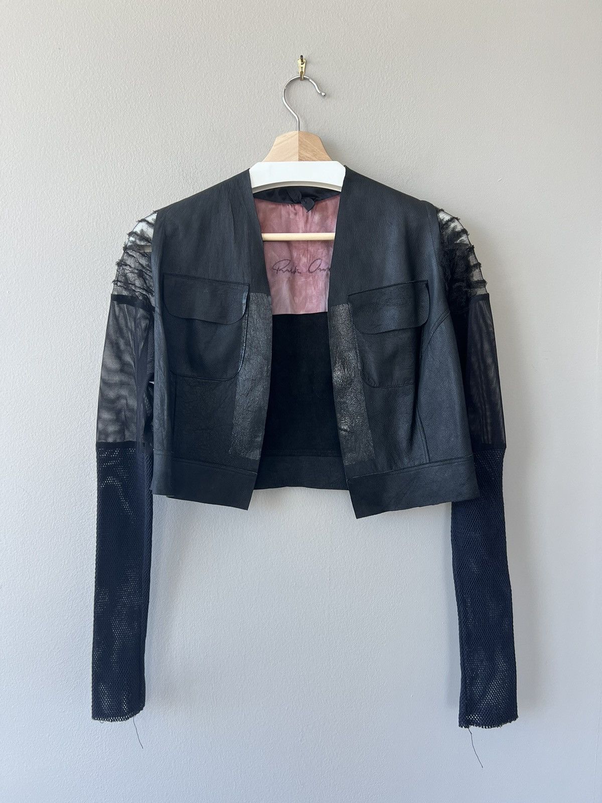 Rick Owens 1990s Hollywood-Era Cropped Leather Mesh-Sleeve Jacket Size M / US 6-8 / IT 42-44 - 1 Thumbnail