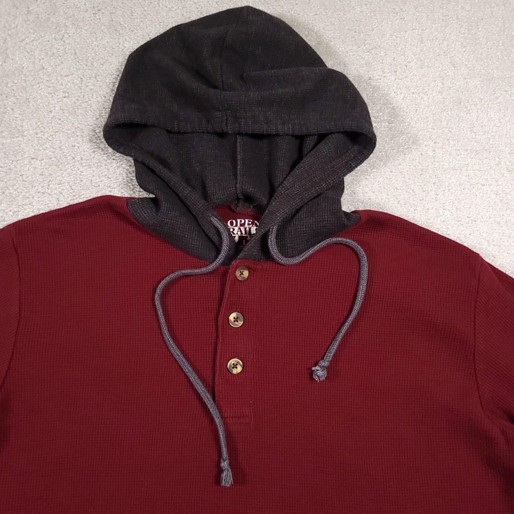 Vintage Open Trails Pullover Hoodie Mens Large Maroon Gray Button Henley Hood Casual Size US L / EU 52-54 / 3 - 3 Thumbnail