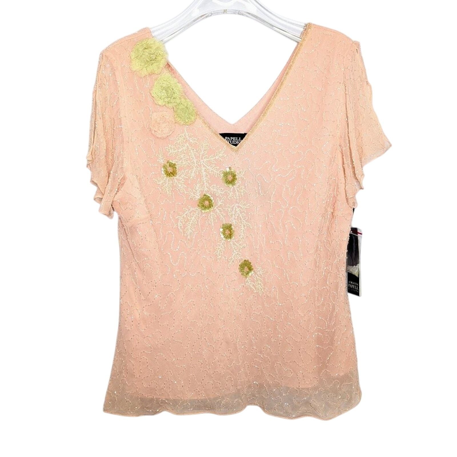 Adrianna Papell Adrianna Papell Pink Short Sleeve Beaded Sequin V-Neck Top Size XL / US 12-14 / IT 48-50 - 1 Thumbnail