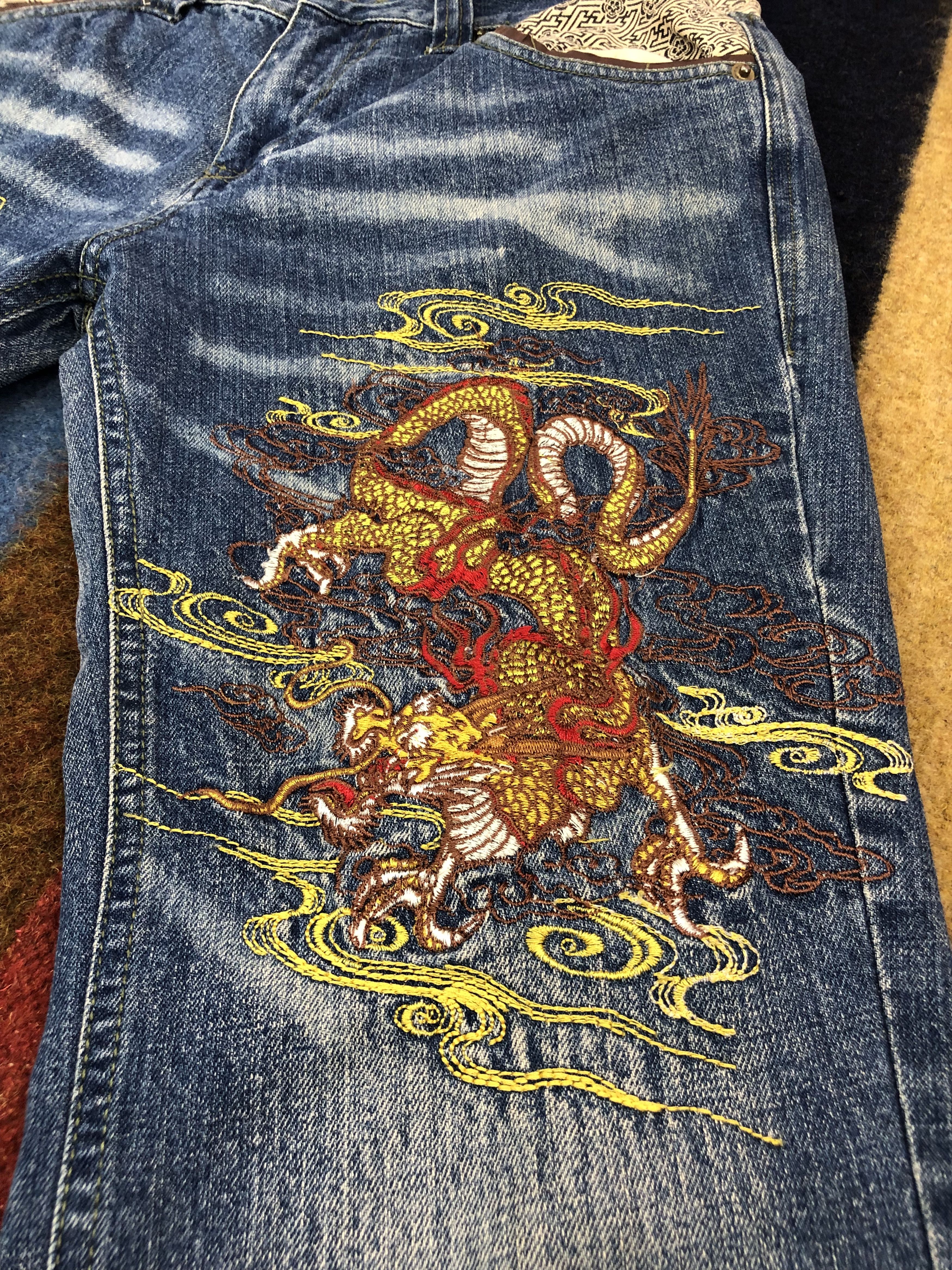 Japanese Brand TEKU Embroidery Red Dragon Denim Jeans #1698/05 Size US 31 - 3 Thumbnail