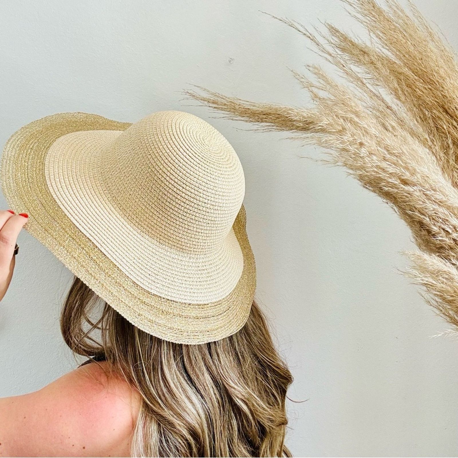 Vintage VINTAGE NORDSTROM Cream Tan Straw Brim Floppy Gold Sun Hat Size ONE SIZE - 10 Thumbnail