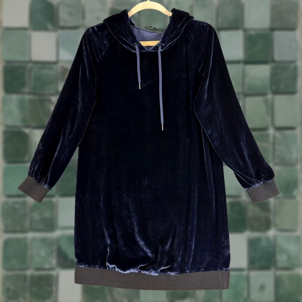 Alice + Olivia Alice + Olivia Hoodie Dress Womens S Navy Blue Velvet Silk Blend CC708B12537 Size S / US 4 / IT 40 - 1 Thumbnail