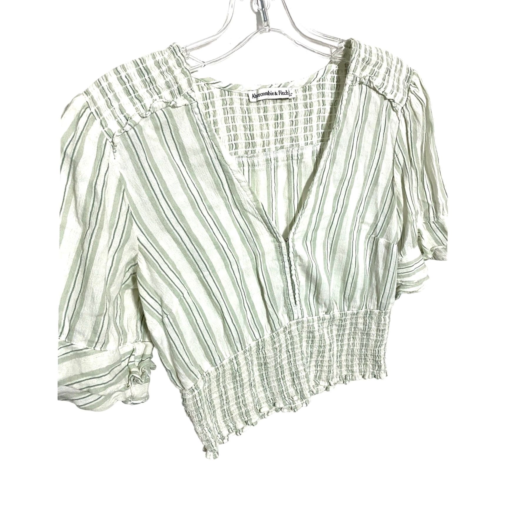 Abercrombie & Fitch Abercrombie V Neck Blouse Womens S Green Striped Smocked Ruffles Boho Festival Shirt Size S / US 4 / IT 40 - 2 Thumbnail