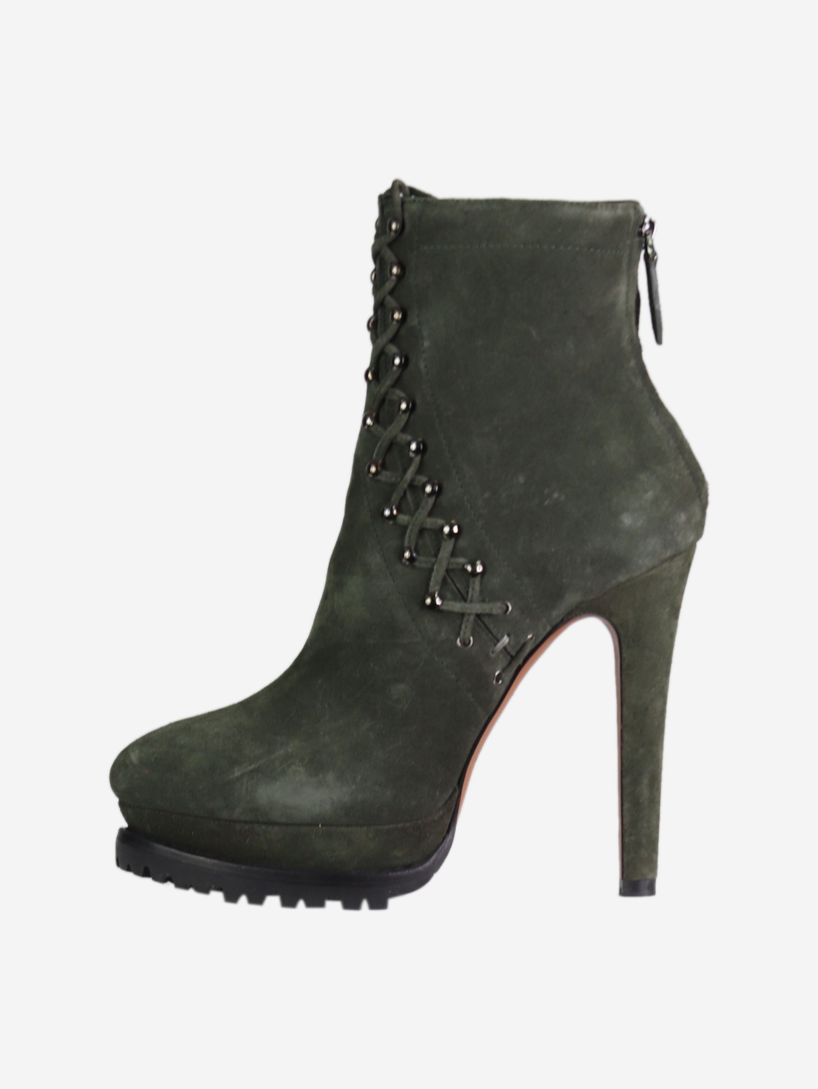 image of Alaia Khaki Lace-Up Detail Platform Suede Ankle Boots - Size Eu 38, Women's