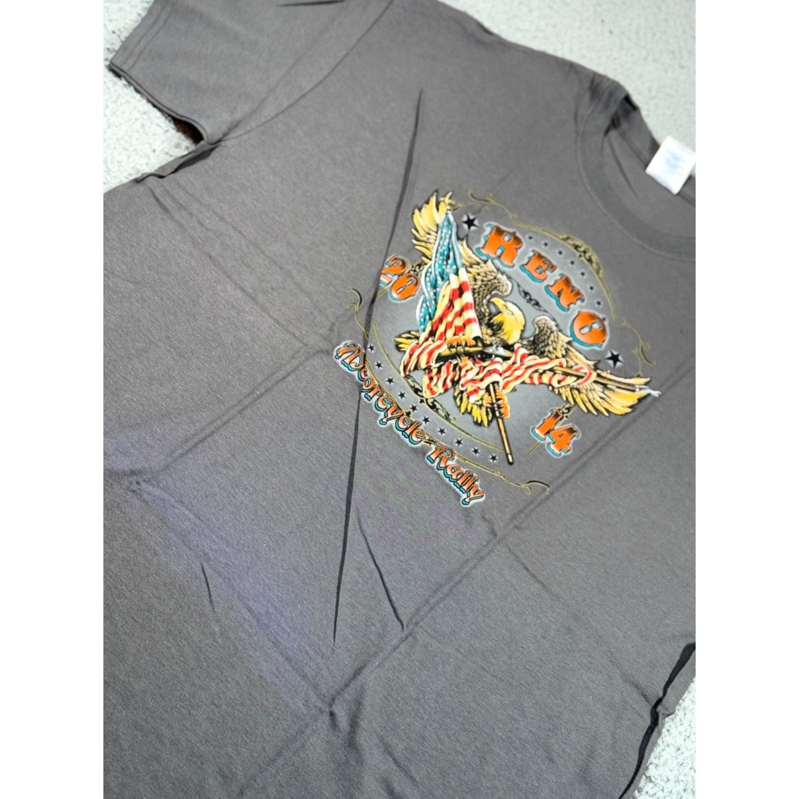 Gildan Mens XL Gray T Shirt Double Side Graphic Eagle Reno Motorcycle Rally 2014 Y2K Size US XL / EU 56 / 4 - 5 Thumbnail