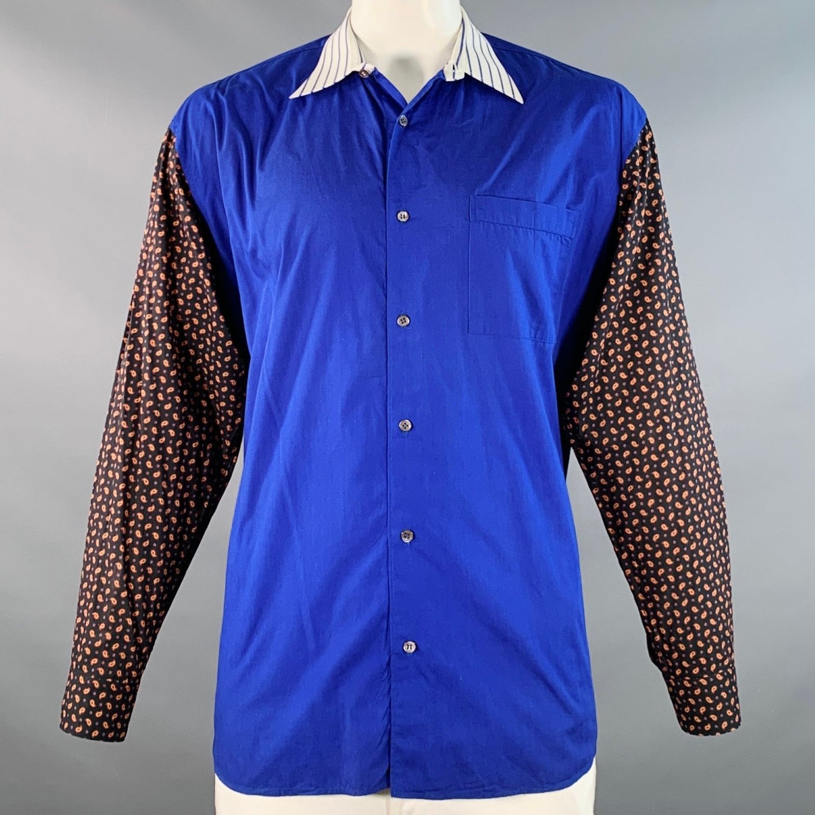 Blue Multi Color Contrast Trim Cotton Long Sleeve Shirt
