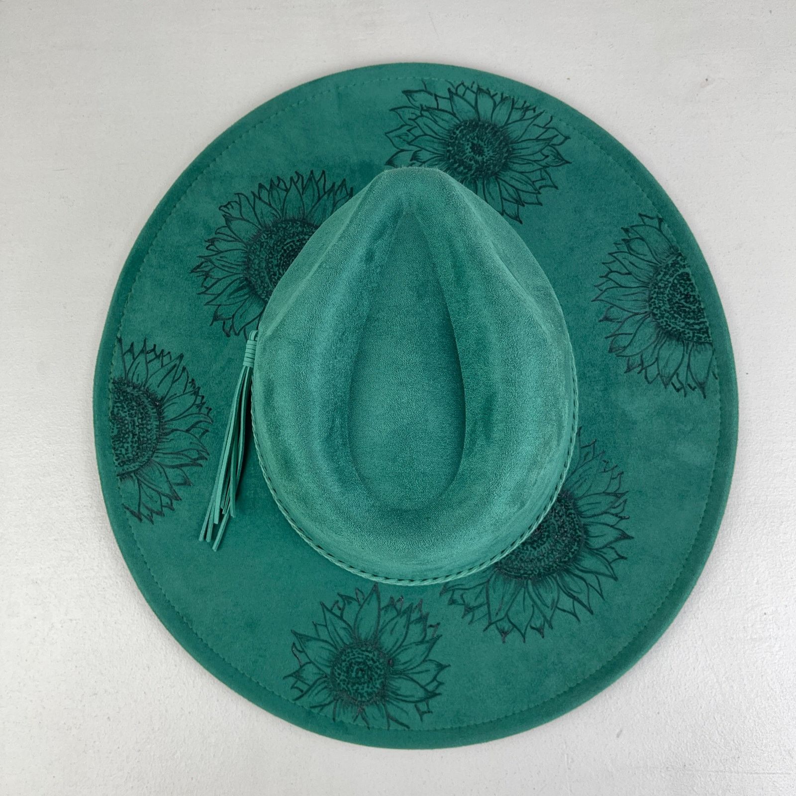 Handmade Green Faux Suede Wide Flat Brim Hat Sunflowers ADJUSTABLE SZ Size ONE SIZE - 4 Thumbnail