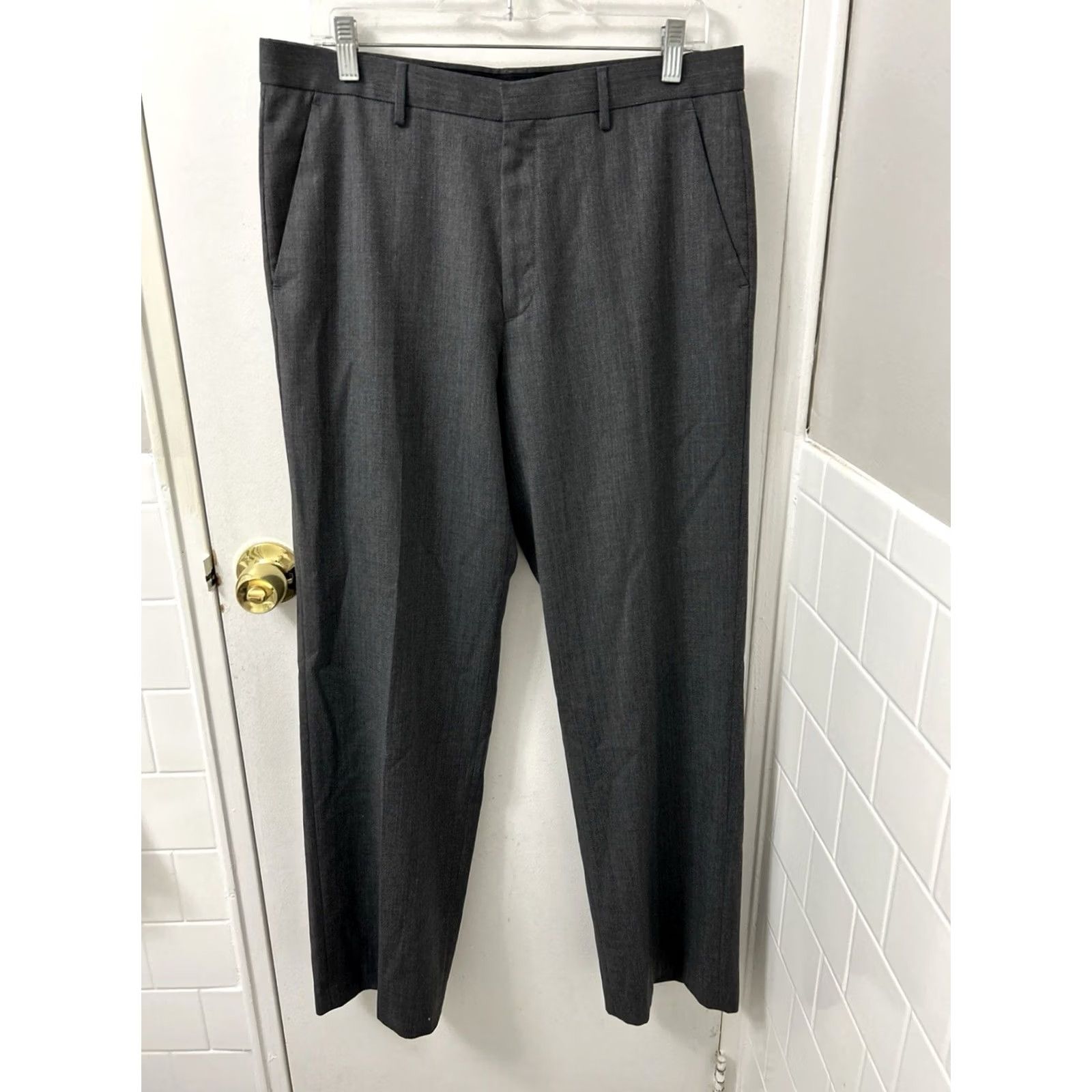 Calvin Klein Calvin Klein Dress Pants Mens 33x32 Dark Gray Wool Blend Flat Front Straight Leg Size US 33 - 2 Thumbnail
