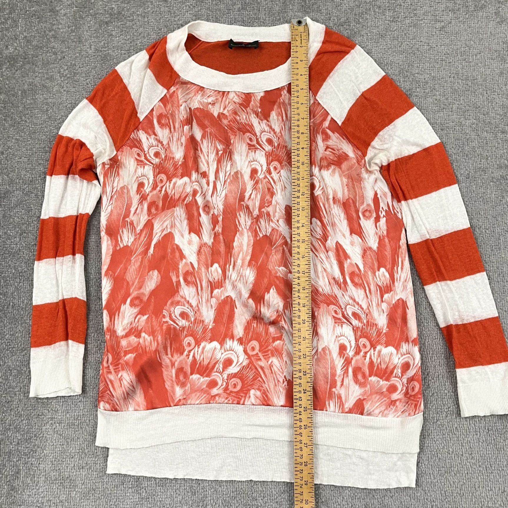 Vintage Roberto Verino Blouse Womens M Orange Striped Linen Feather Print Crew Neck Long Sleeve Size M / US 6-8 / IT 42-44 - 3 Thumbnail