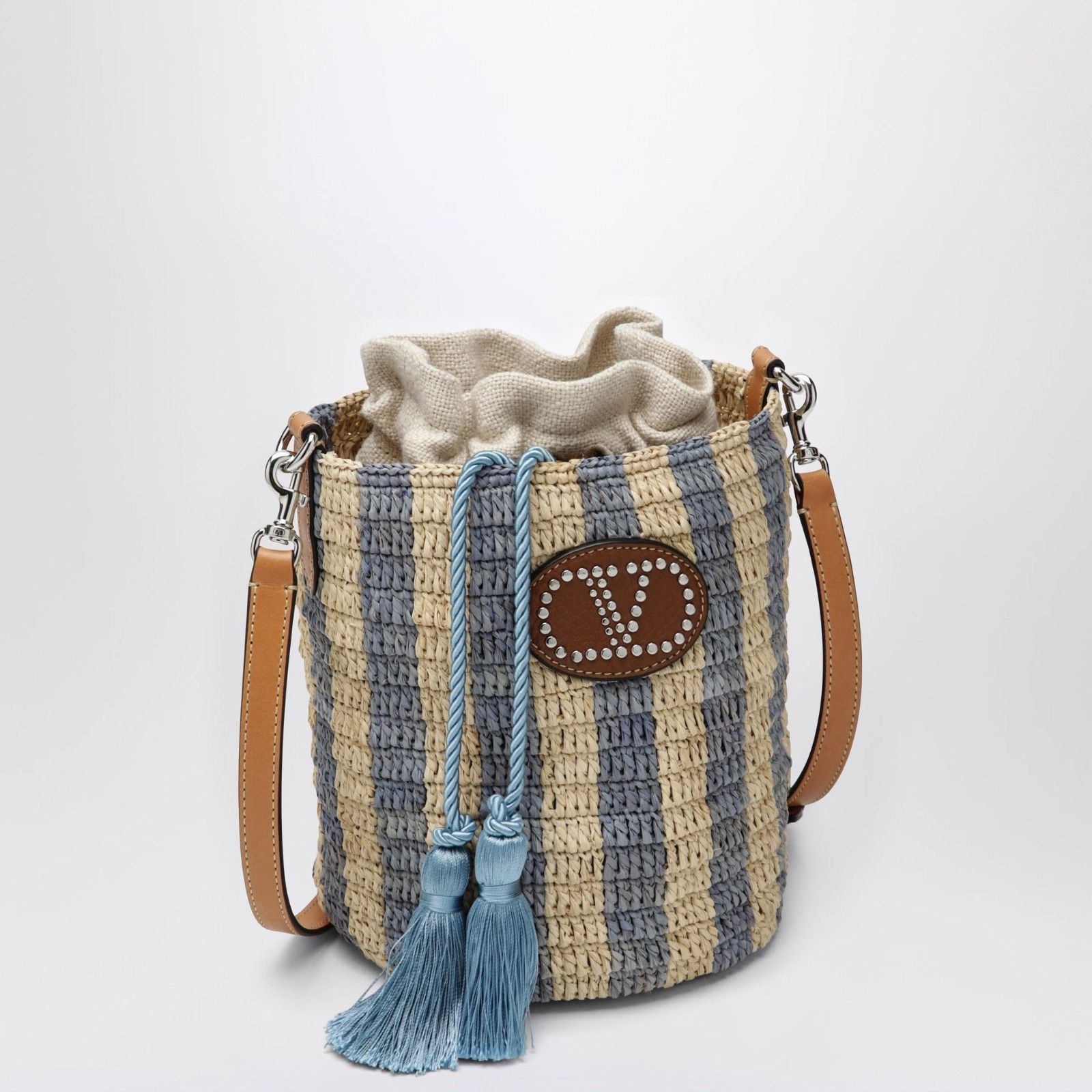 Valentino VALENTINO GARAVANI Small Beige Light Blue Raffia Bucket Bag Size ONE SIZE - 2 Thumbnail