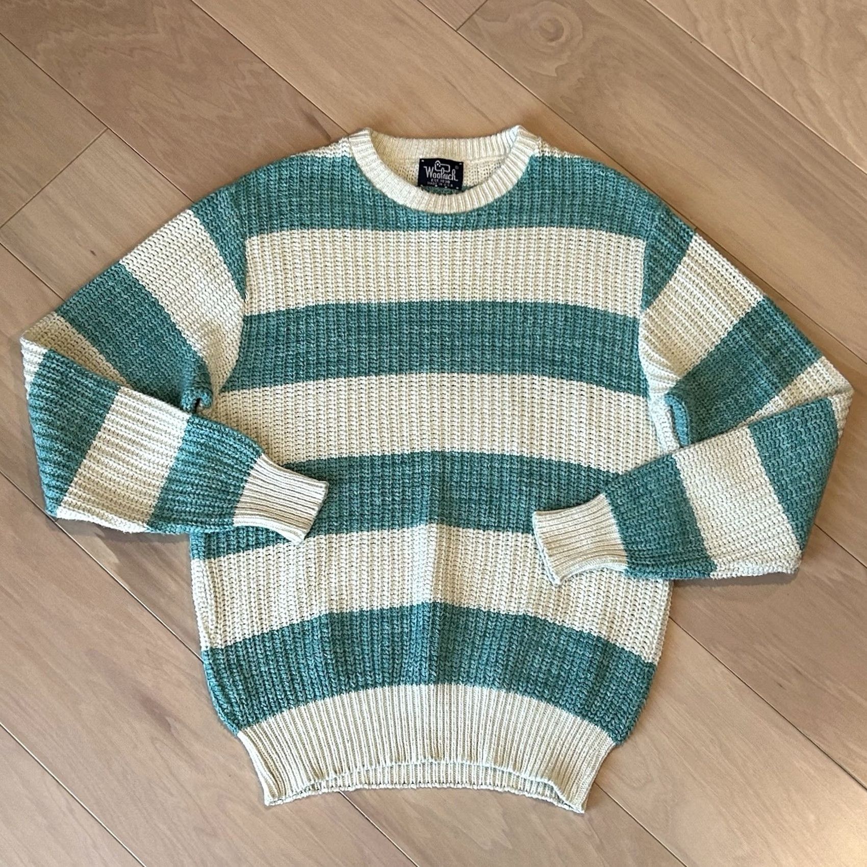 Vintage VINTAGE Woolrich Sweater Striped Chunky-Knit Women's Crew Neck Pullover Casual Winter Teal / Ivory 90s Nautical Logo Long Sleeve Size L Size L / US 10 / IT 46 - 2 Thumbnail