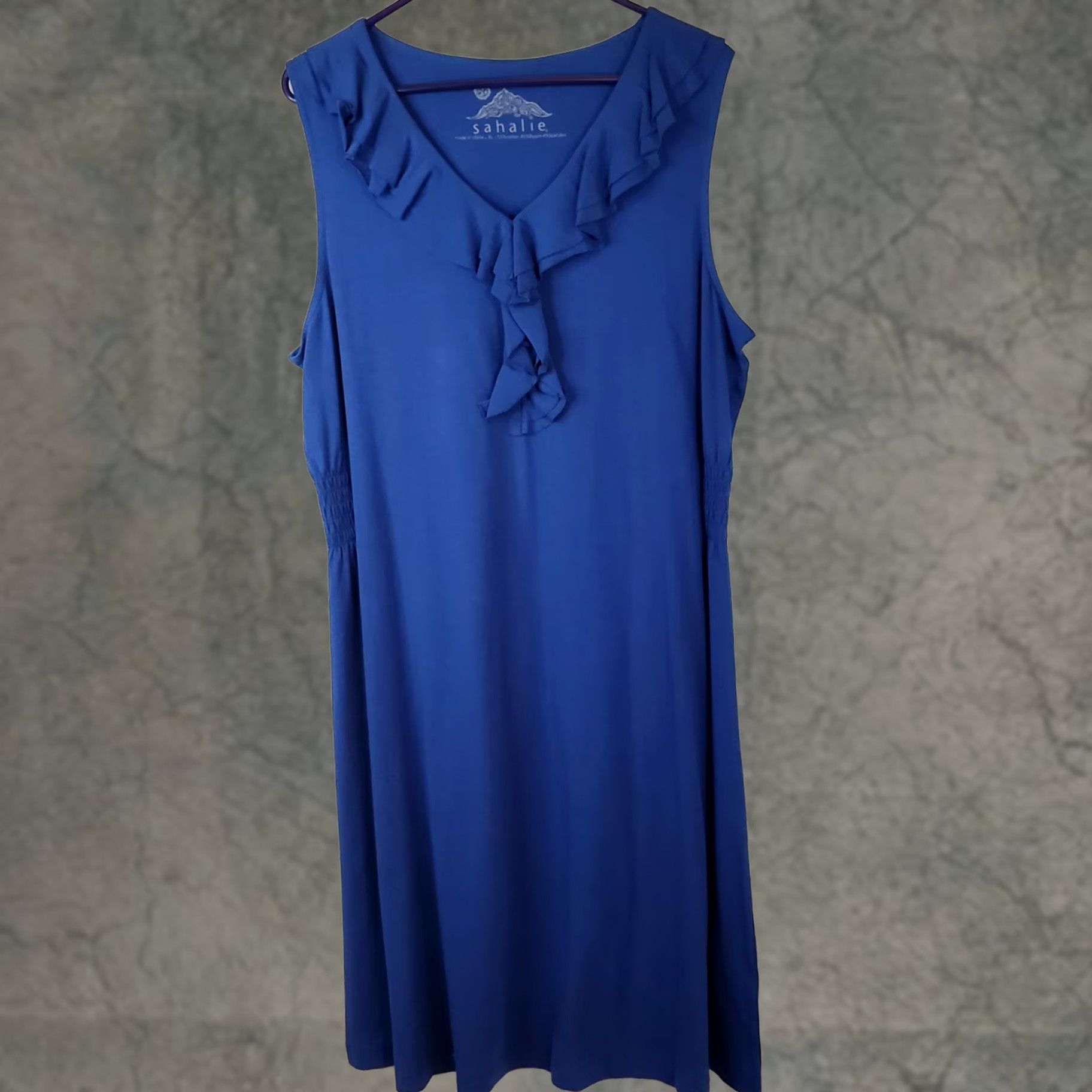 Vintage Sahalie Blue Midi Dress XL Cotton Modal Spandex Knit Sleeveless V-Neck Pullover Fit & Flare Women's Quick Rise to Travel, Workwear, Party/Cocktail Size XL / US 12-14 / IT 48-50 - 1 Thumbnail