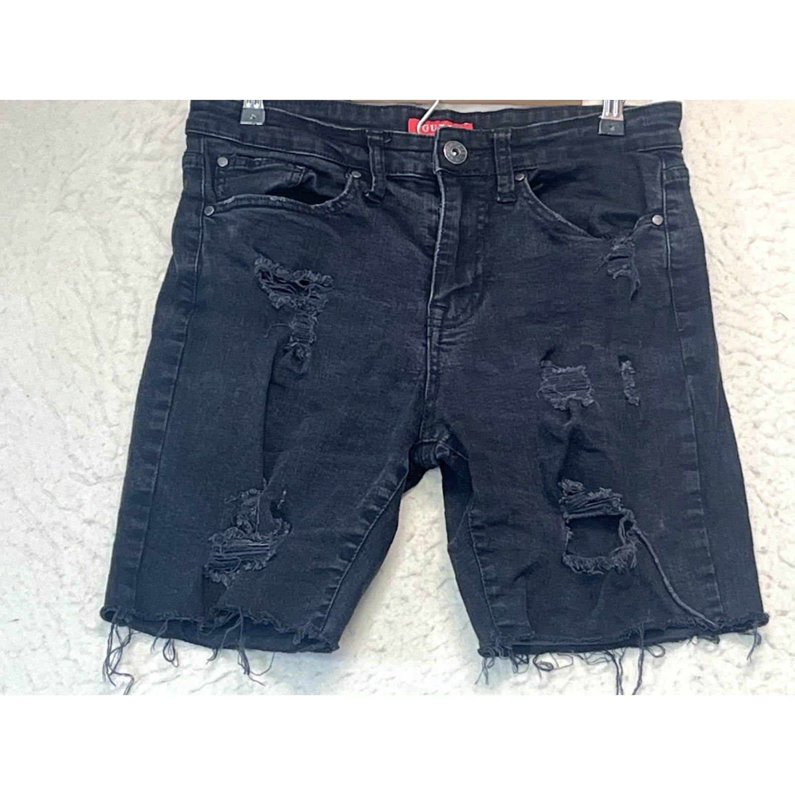 Guess GUESS Mens Bermuda Shorts Black Stretch 5-Pocket Size 31 Distressed Casual Denim Jeans Bermuda Style Front Flat 31 Distressed Black Mens Size US 31 - 2 Thumbnail