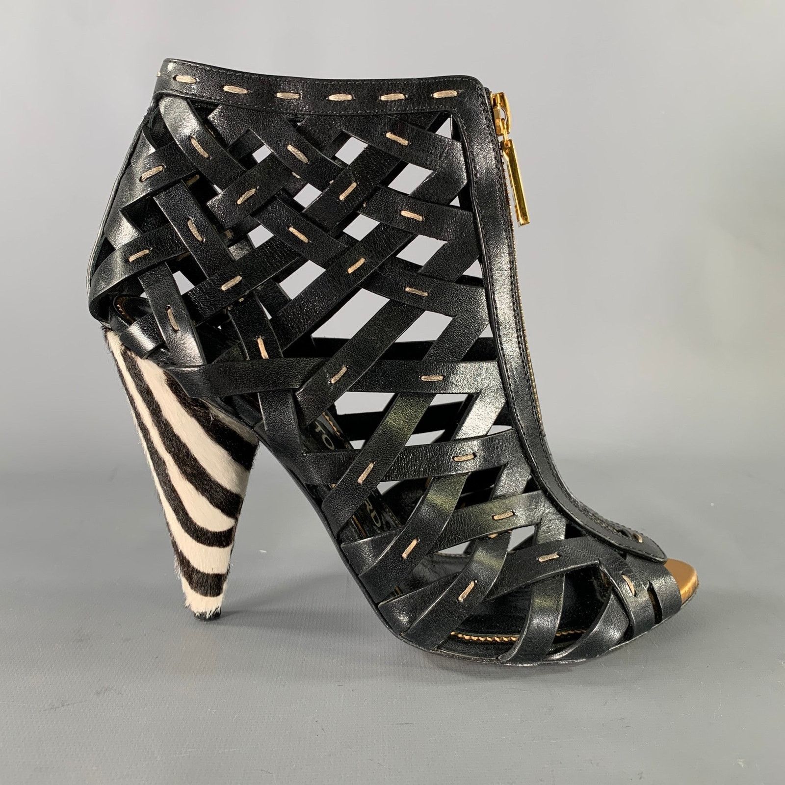 Tom Ford TOM FORD 7.5 Black Gold Leather Mixed Pattern Zip Up Boots Size US 7.5 / IT 37.5 - 2 Thumbnail