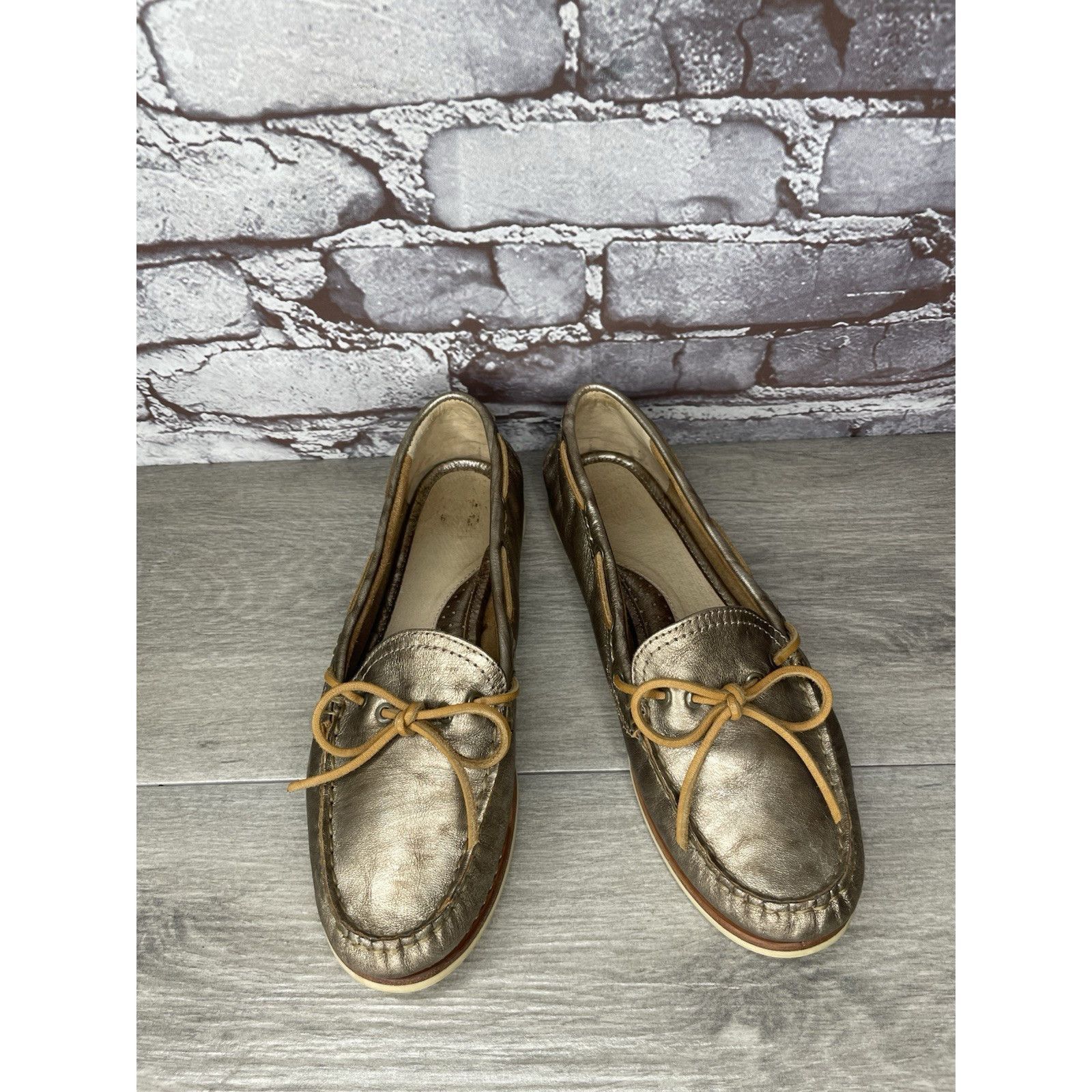 Frye FRYE Quincy Tie Leather Metallic Deck Shoes Gold Boat Shoes Size US 8 / IT 38 - 3 Thumbnail
