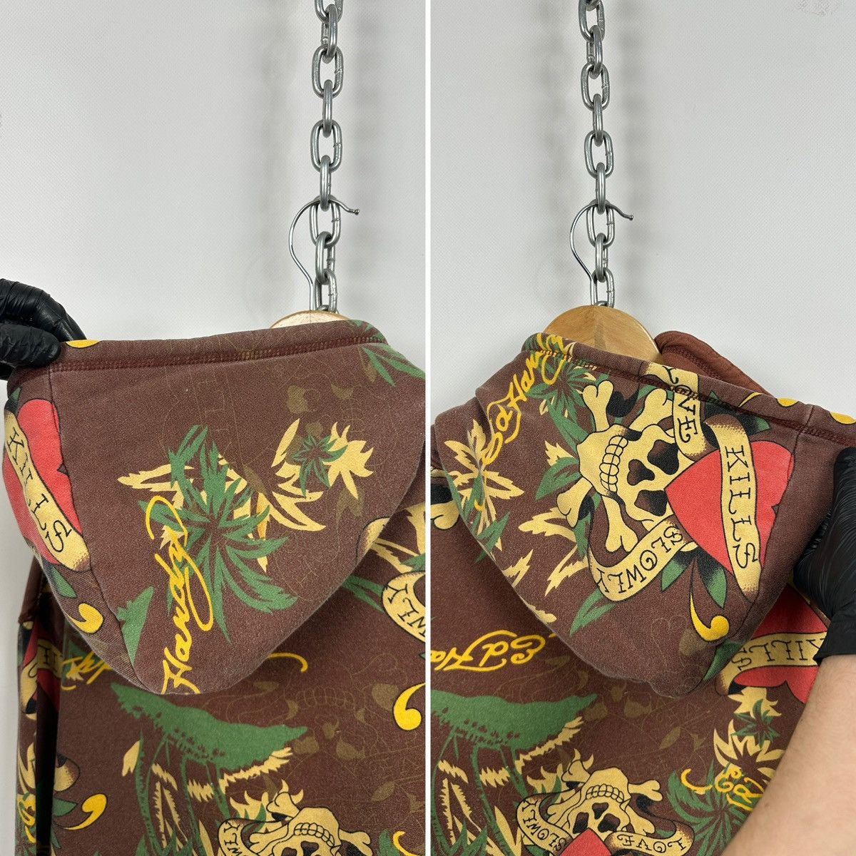 Ed Hardy Vintage Ed Hardy Skull Heart Tattoo AOP Brown Zip Up Hoodie Size US XL / EU 56 / 4 - 22 Thumbnail
