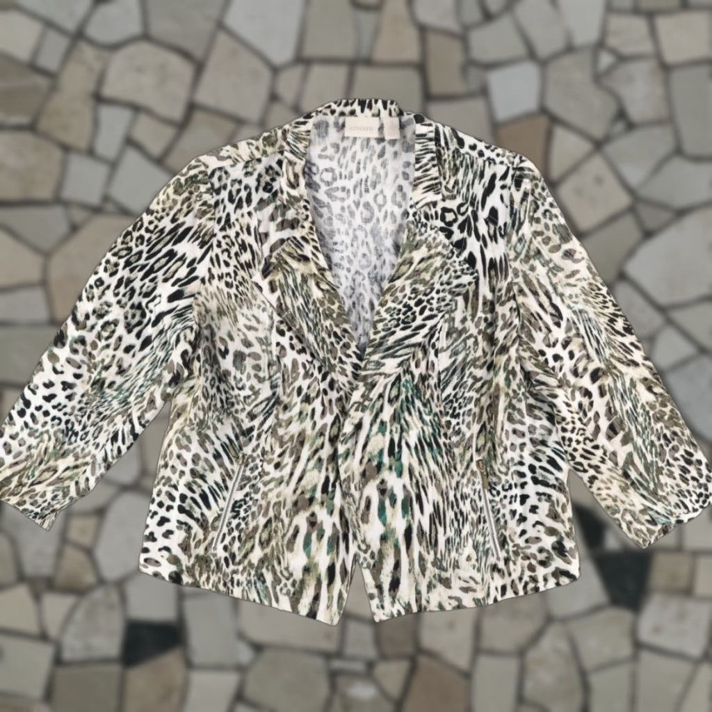 Vintage Chicos Jacket Women's White Leopard Print Open Front Linen 3 Size XS / US 0-2 / IT 36-38 - 1 Thumbnail