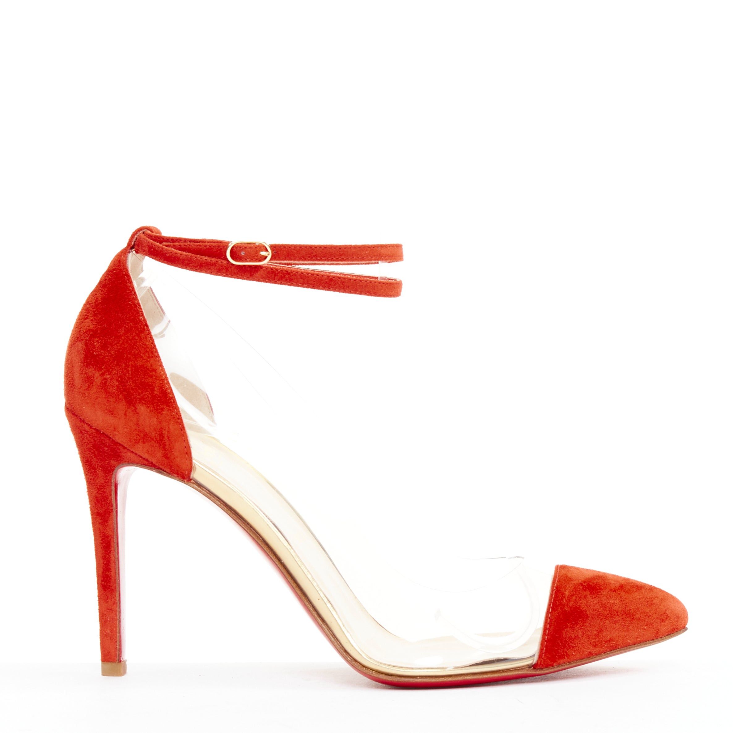Christian Louboutin CHRISTIAN LOUBOUTIN Un Bout 100 Veau Velours mandarin red suede PVC strappy pumps EU37.5 Size US 7.5 / IT 37.5 - 1 Thumbnail