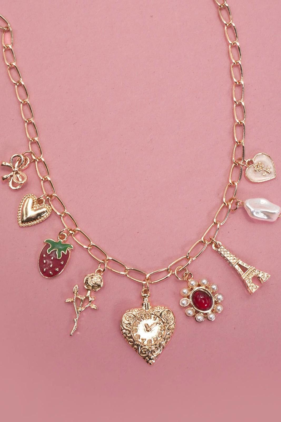 Other Charm Necklace Heart Bow Rose Strawberry Eiffel Tower Size ONE SIZE - 1 Thumbnail